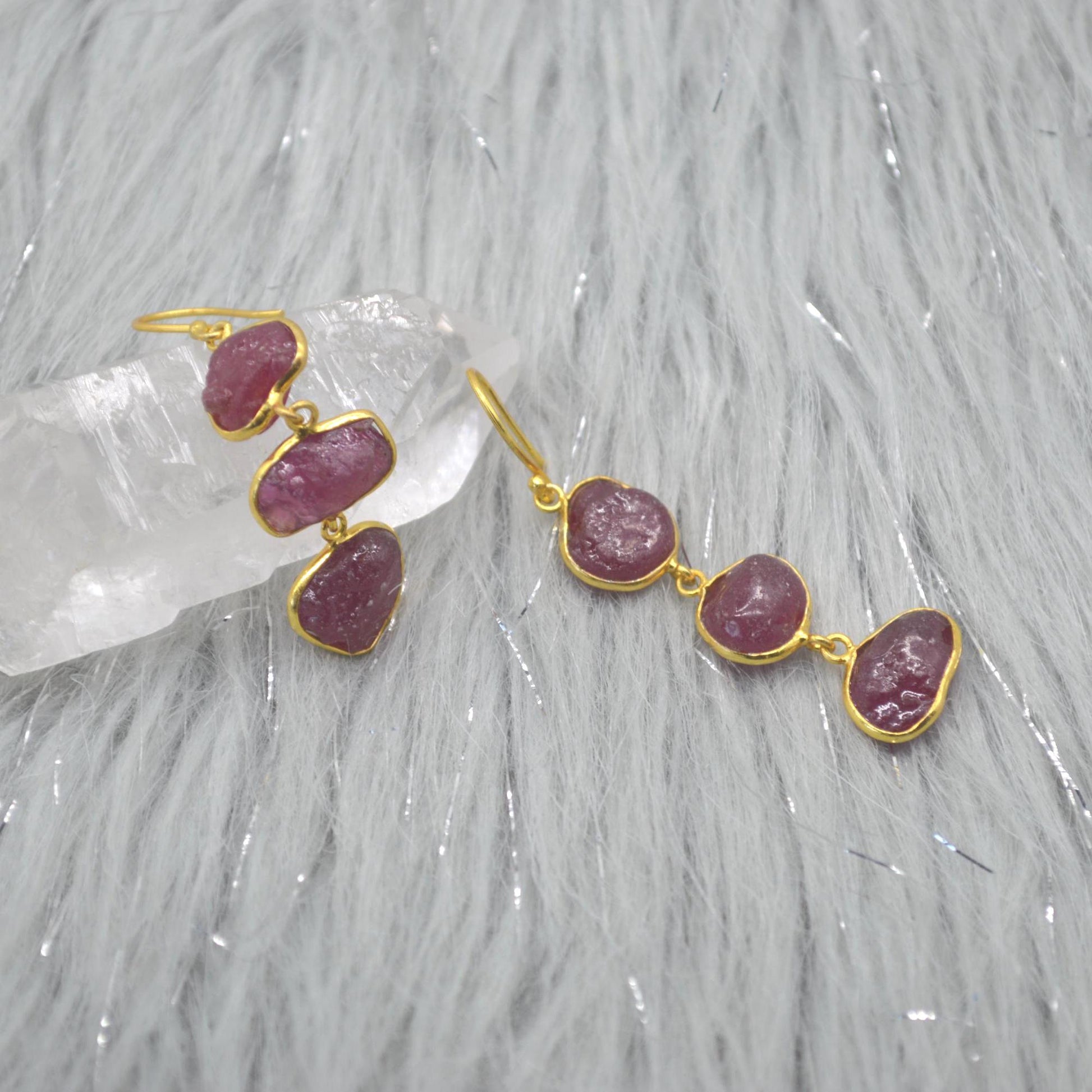 Red Raw Ruby Earrings: Gold Plated Silver, Gemstone Jewelry, July Birthstone