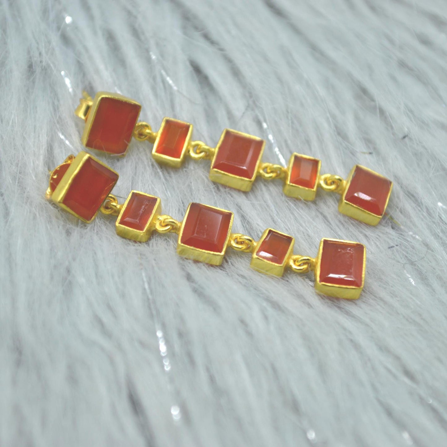 Orange Carnelian Earrings or Aqua Chalcedony Earrings: Gold Plated Silver, Long Drop