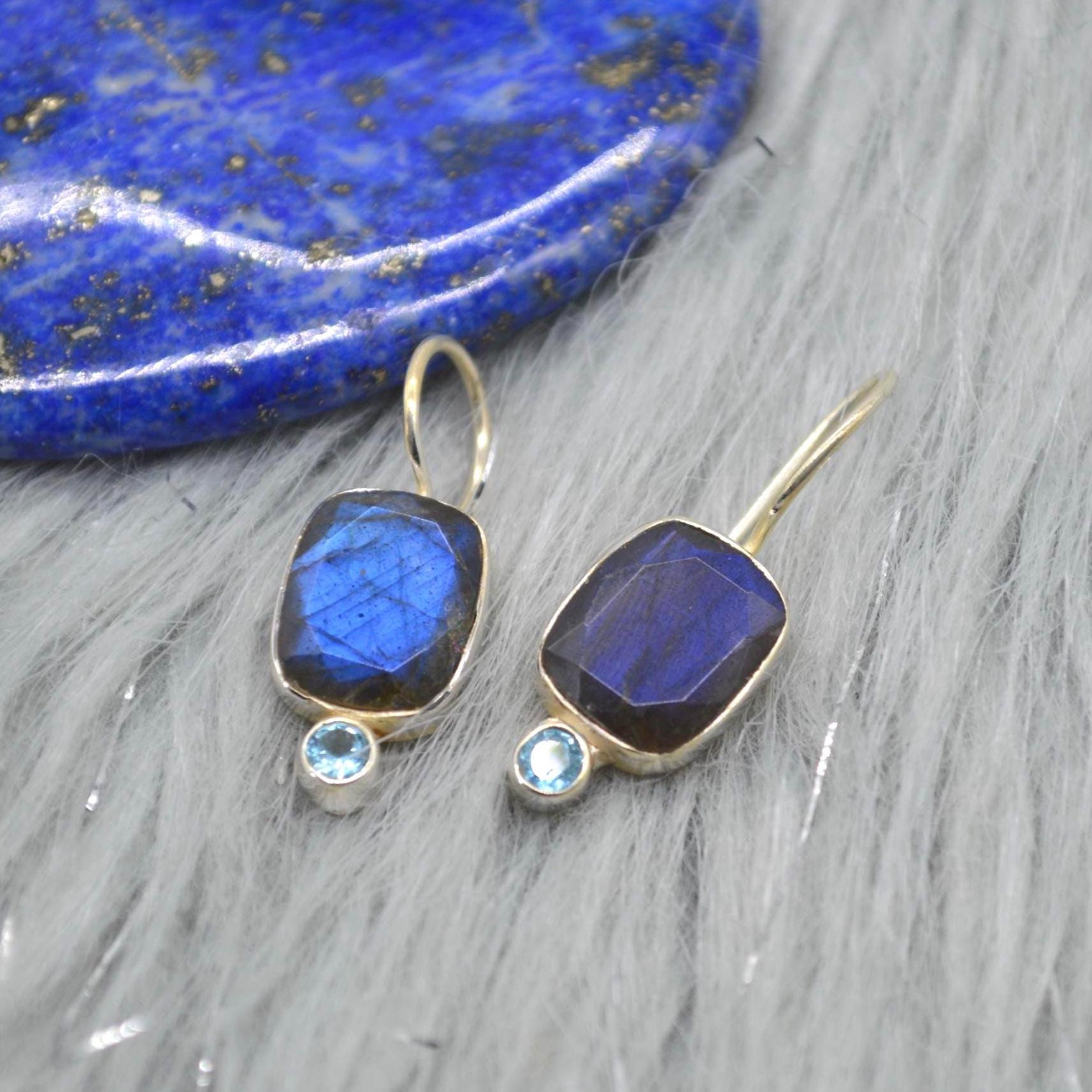 Labradorite Blue Topaz Earrings: Sterling Silver Drop, December Birthstone, Blue Gemstone Jewelry
