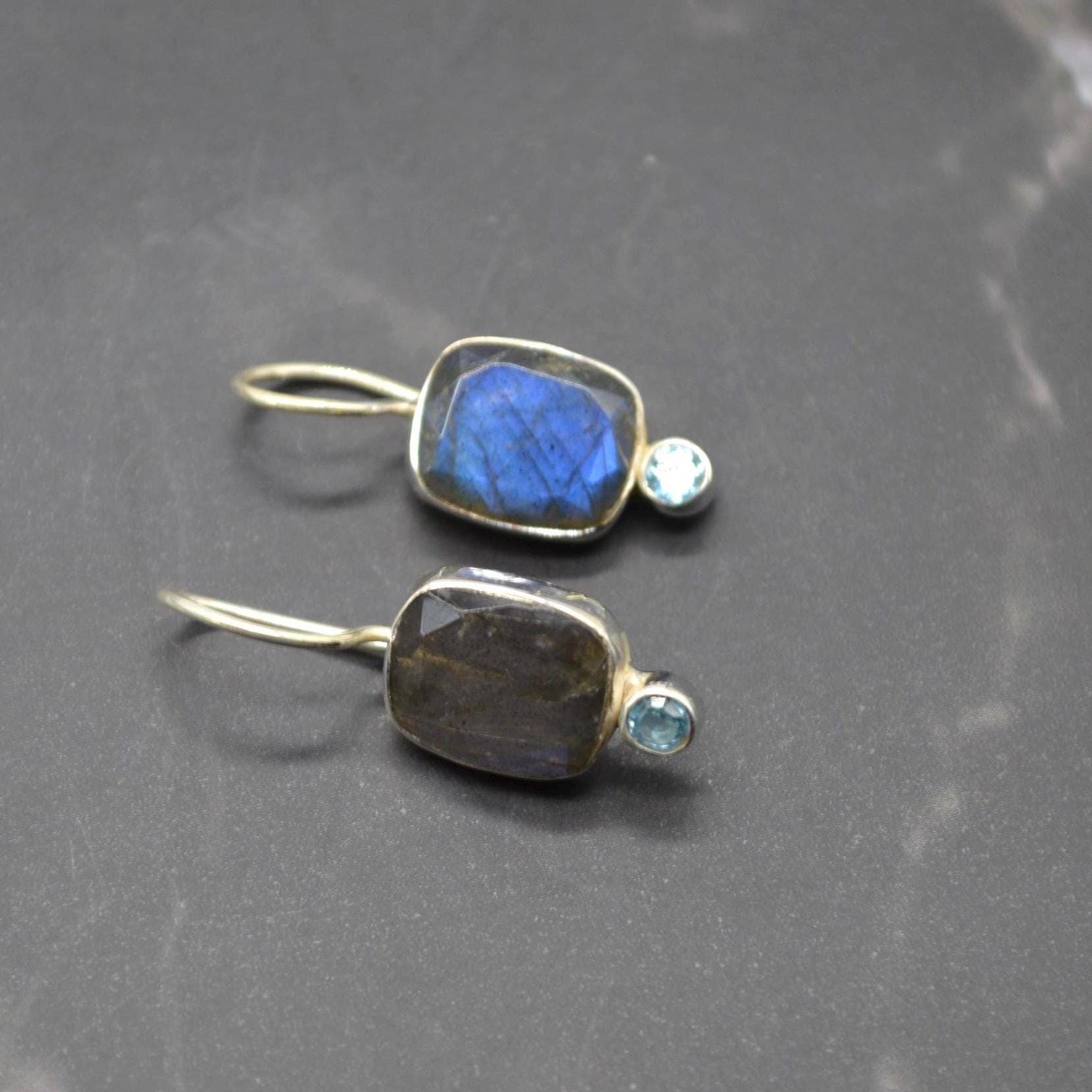 Labradorite Blue Topaz Earrings: Sterling Silver Drop, December Birthstone, Blue Gemstone Jewelry