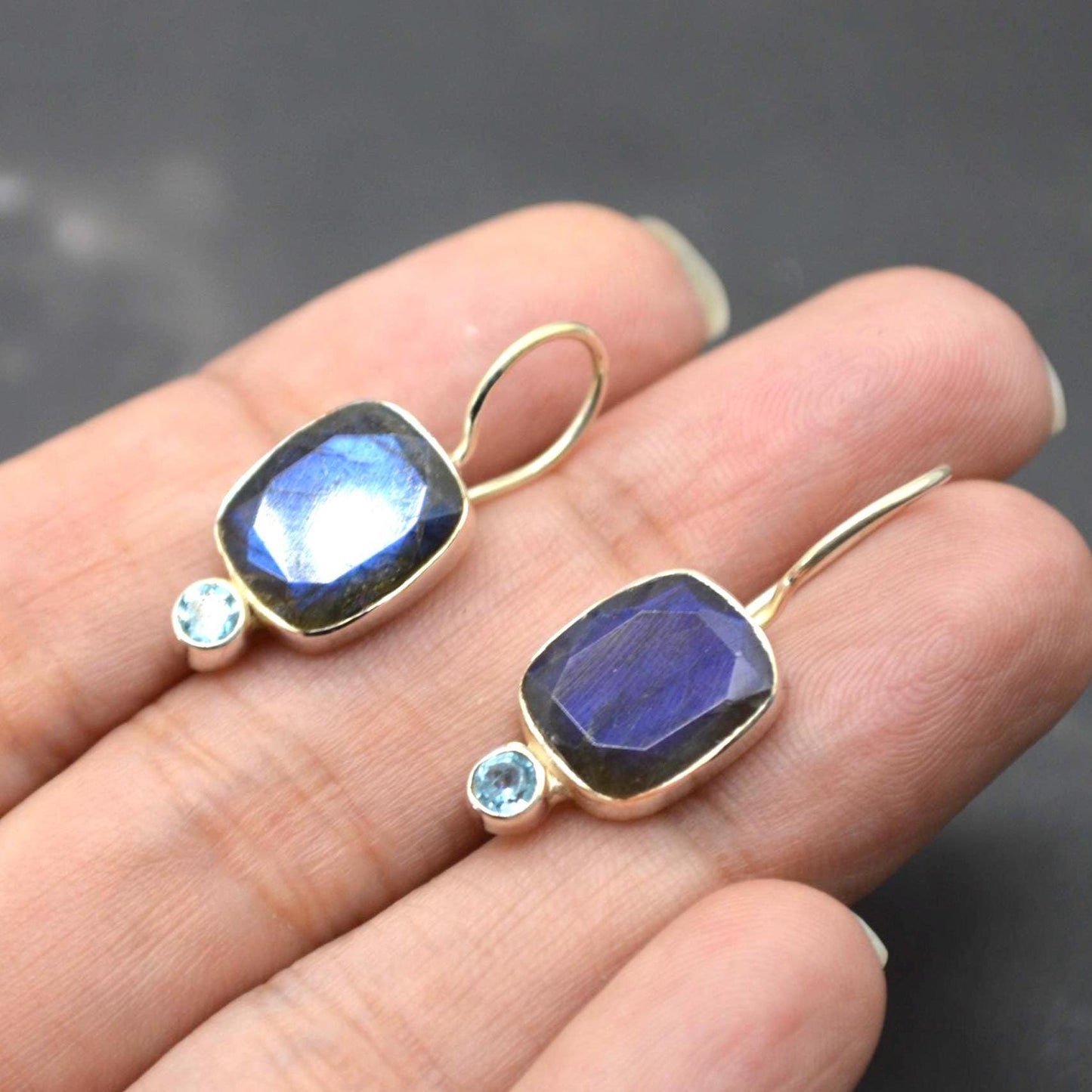 Labradorite Blue Topaz Earrings: Sterling Silver Drop, December Birthstone, Blue Gemstone Jewelry