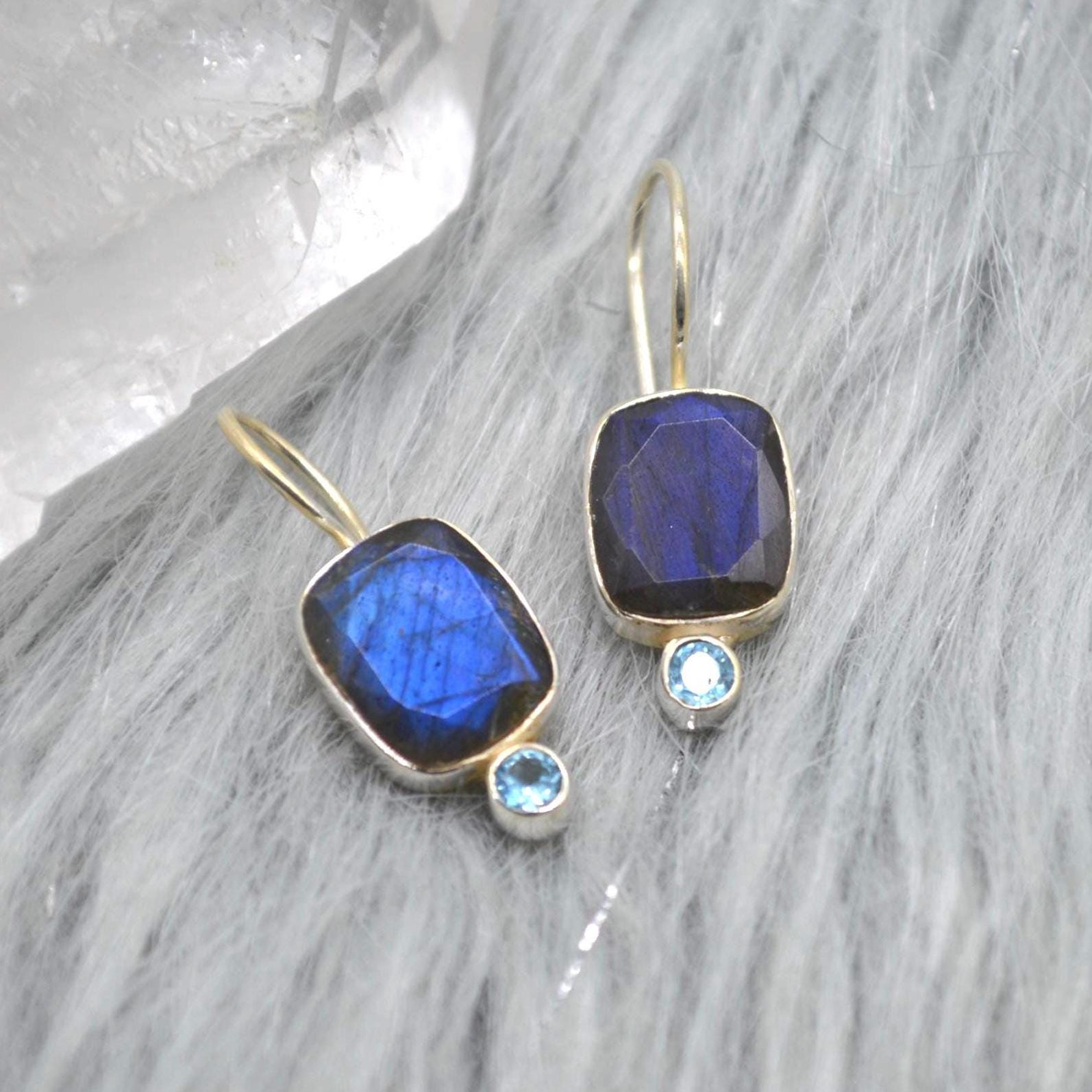 Labradorite Blue Topaz Earrings: Sterling Silver Drop, December Birthstone, Blue Gemstone Jewelry