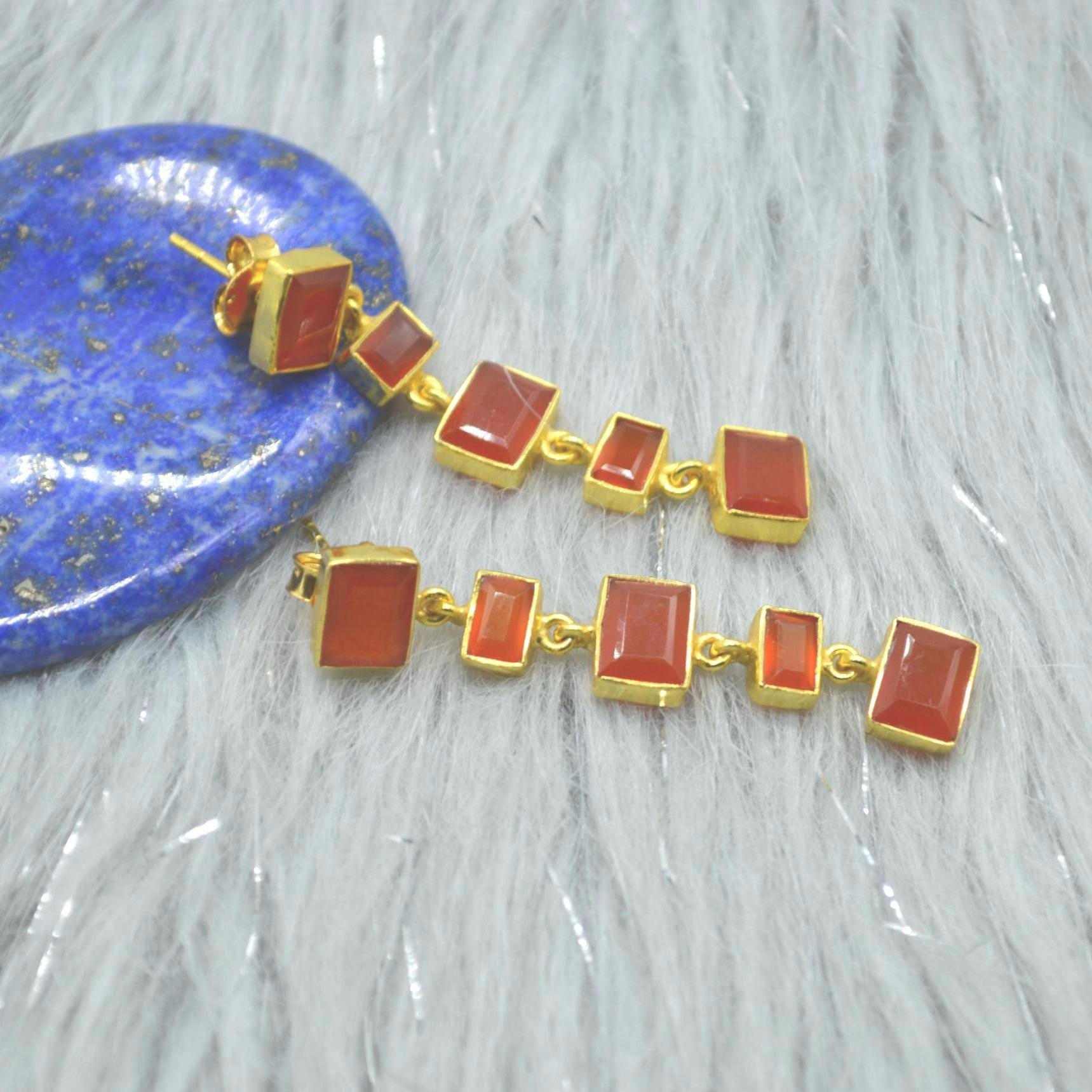 Orange Carnelian Earrings or Aqua Chalcedony Earrings: Gold Plated Silver, Long Drop