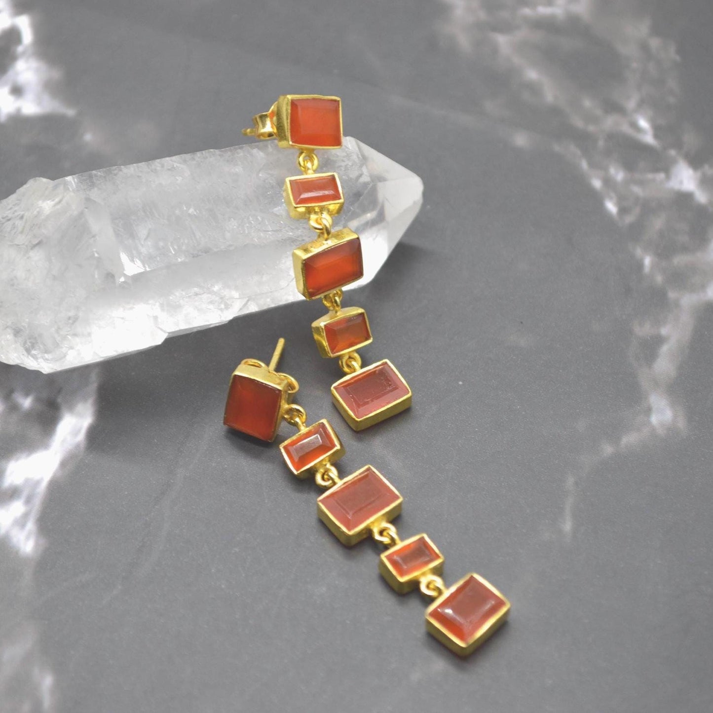 Orange Carnelian Earrings or Aqua Chalcedony Earrings: Gold Plated Silver, Long Drop