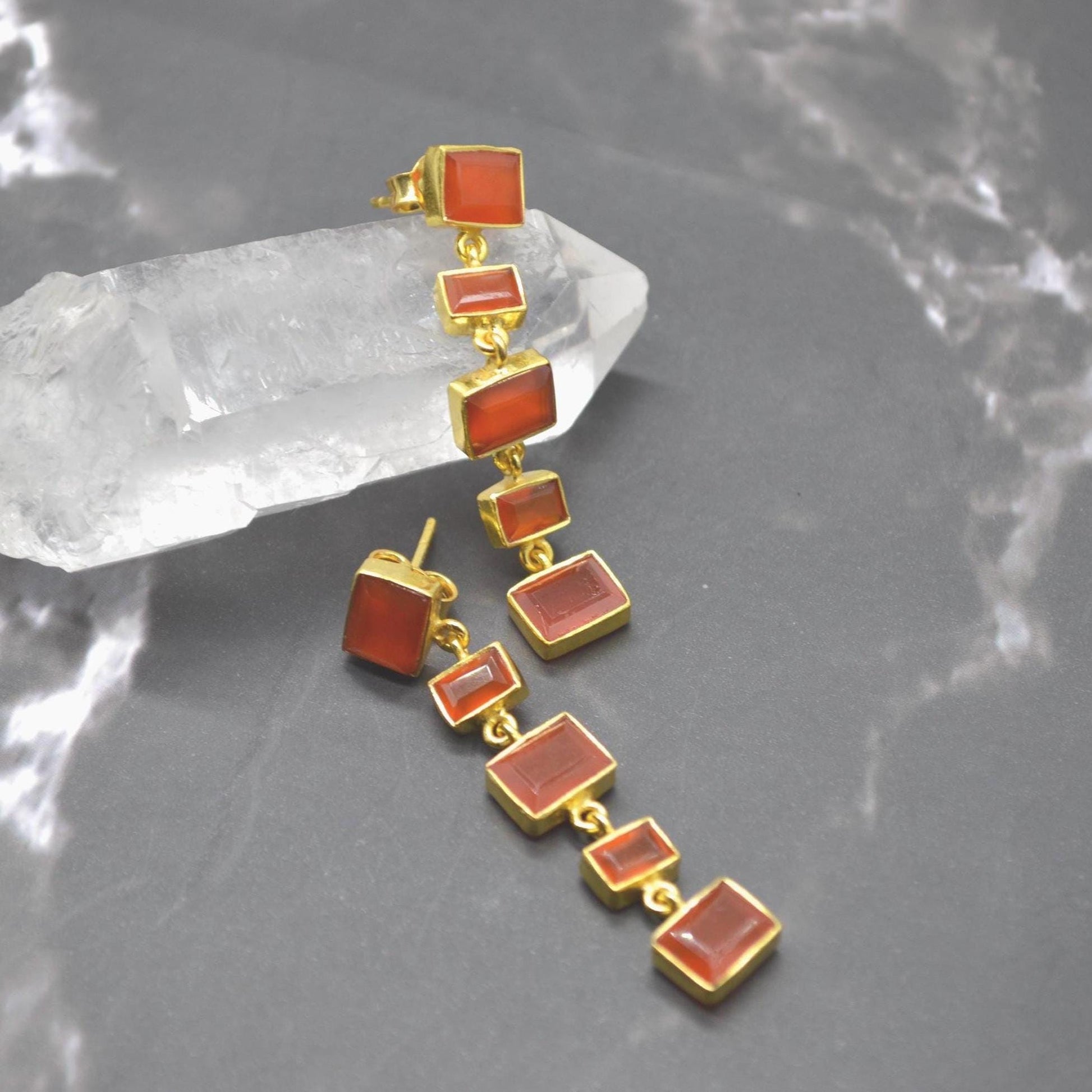 Orange Carnelian Earrings or Aqua Chalcedony Earrings: Gold Plated Silver, Long Drop