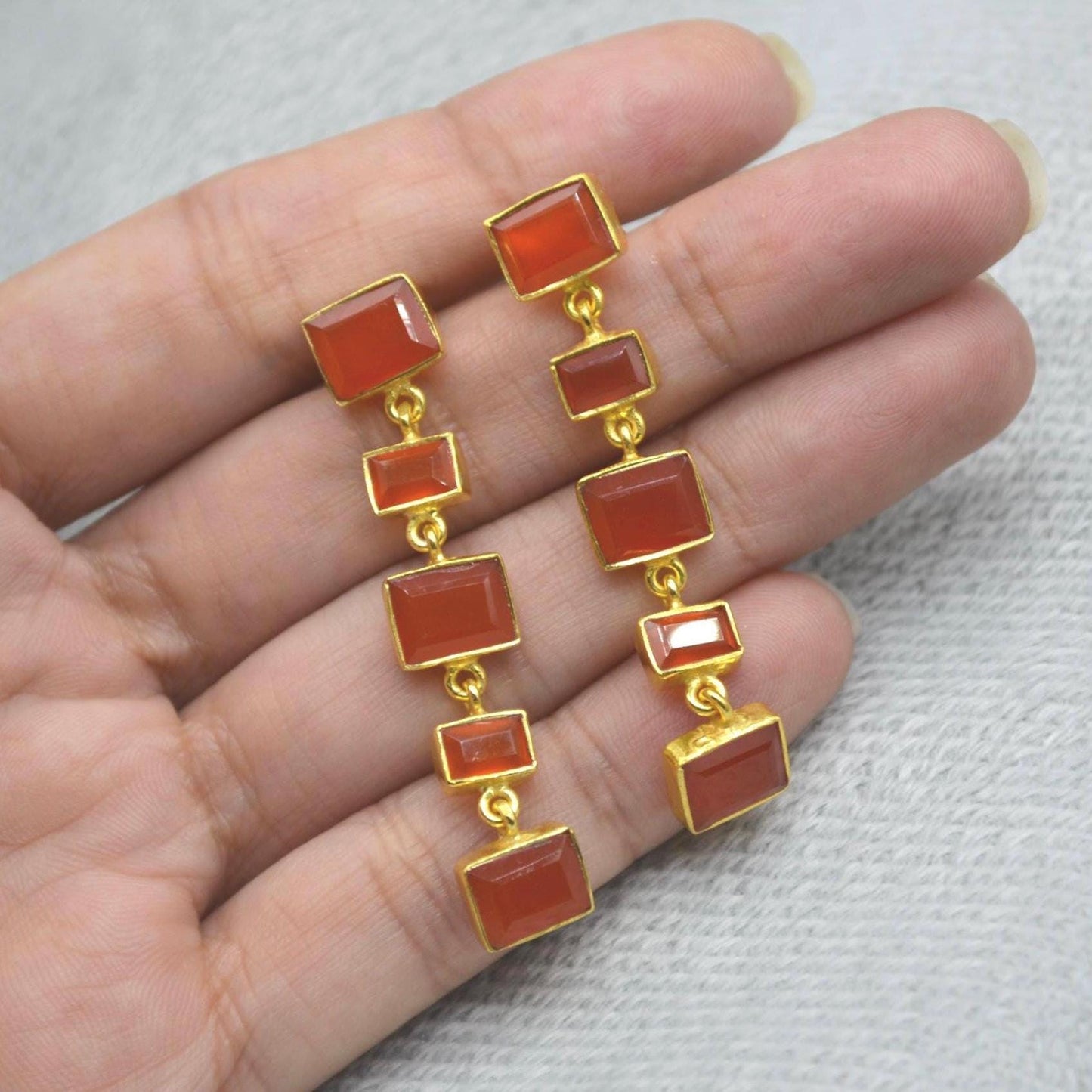 Orange Carnelian Earrings or Aqua Chalcedony Earrings: Gold Plated Silver, Long Drop