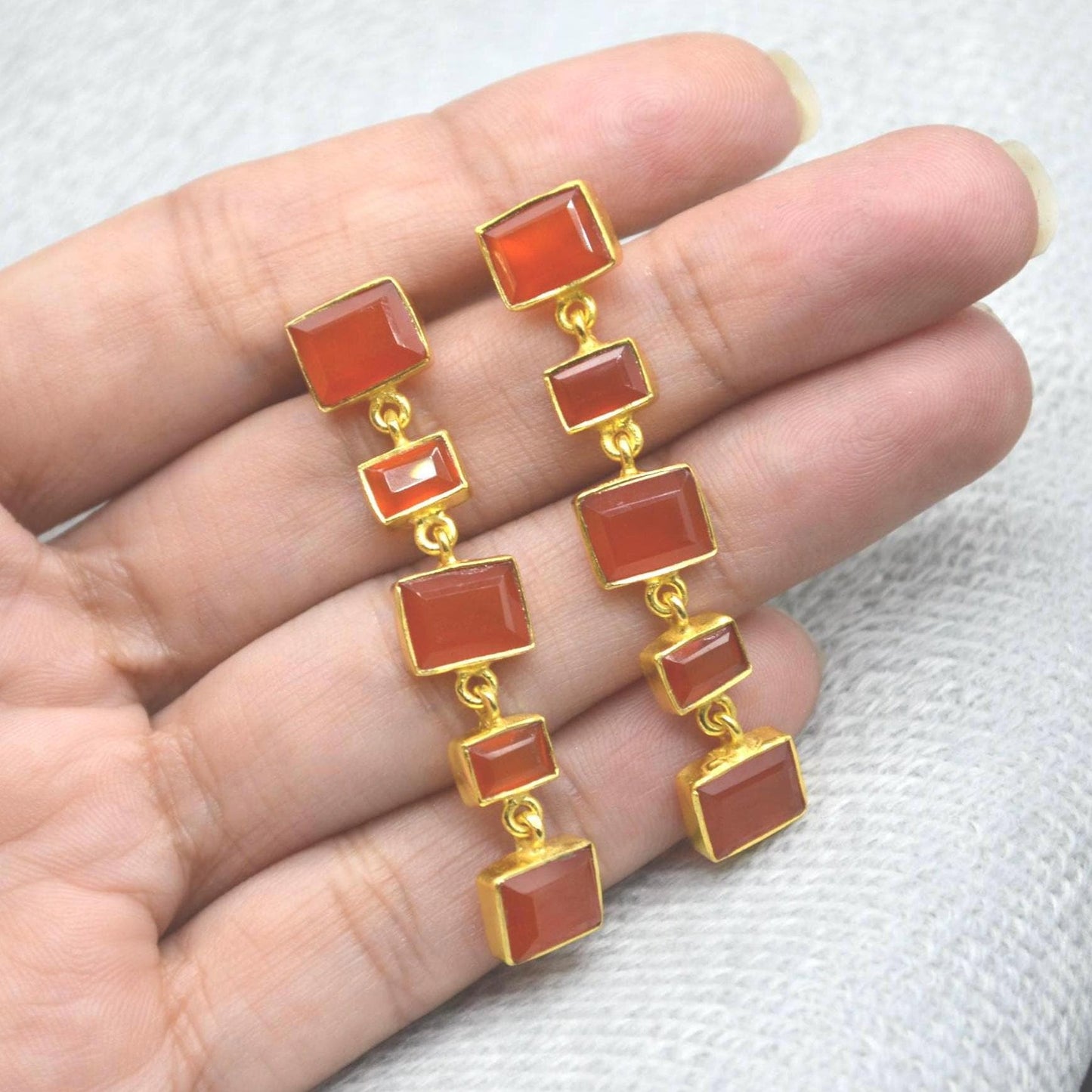 Orange Carnelian Earrings or Aqua Chalcedony Earrings: Gold Plated Silver, Long Drop