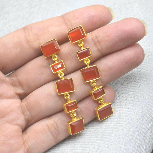Orange Carnelian Earrings or Aqua Chalcedony Earrings: Gold Plated Silver, Long Drop