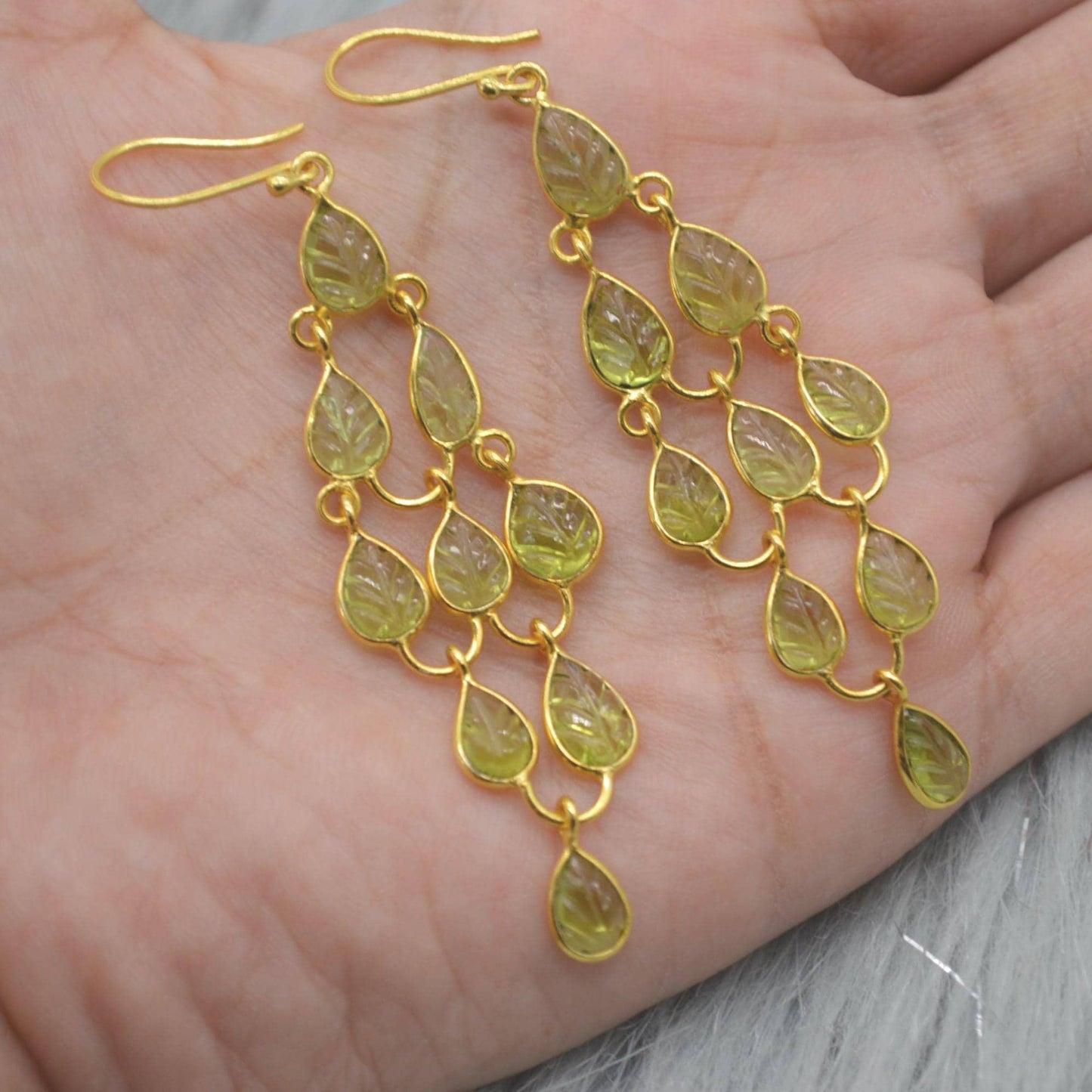Long Peridot Earrings: Gold Plated Silver, Dangle Drop, August Birthstone, Green Gemstone Jewelry