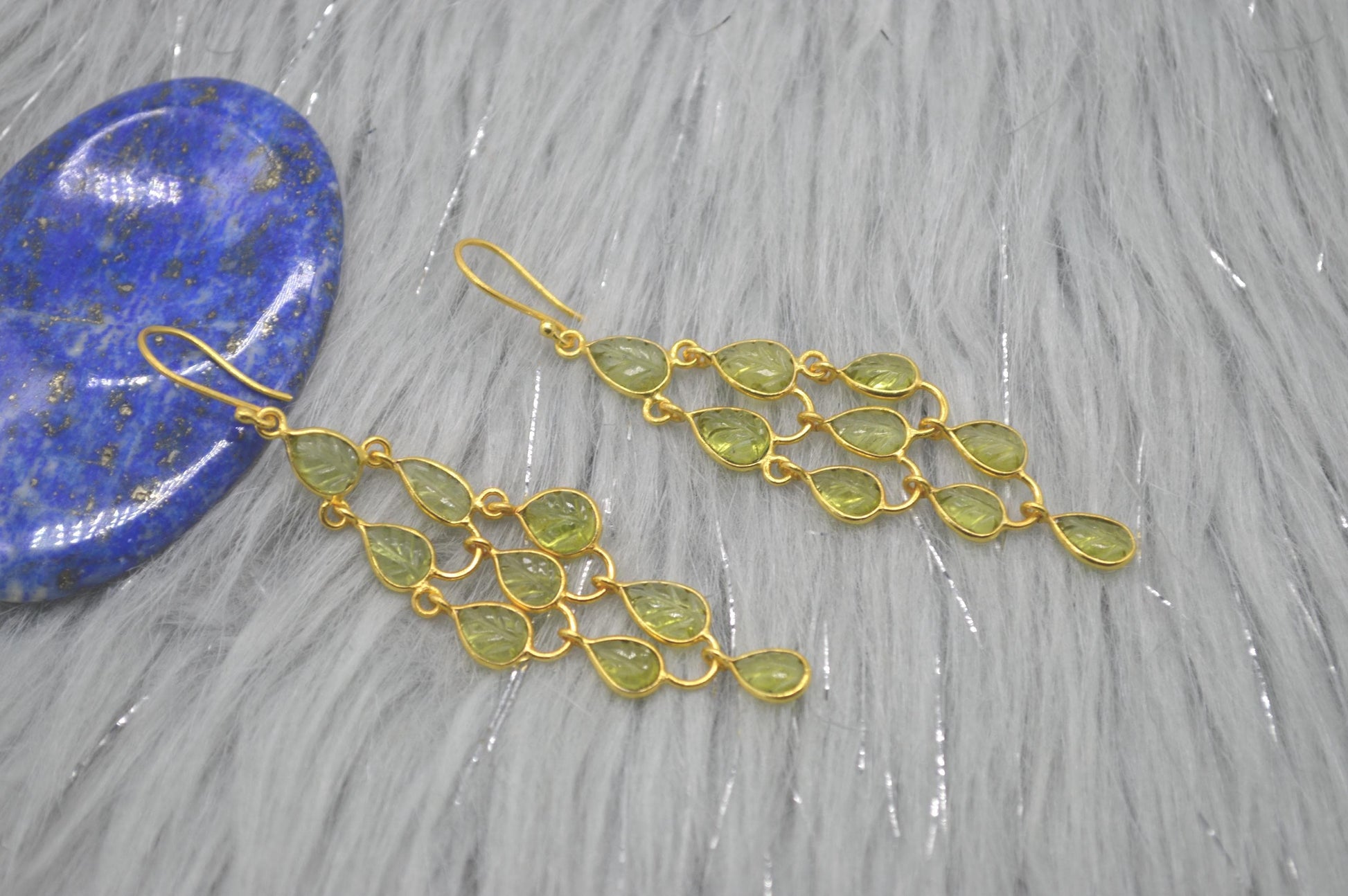 Long Peridot Earrings: Gold Plated Silver, Dangle Drop, August Birthstone, Green Gemstone Jewelry
