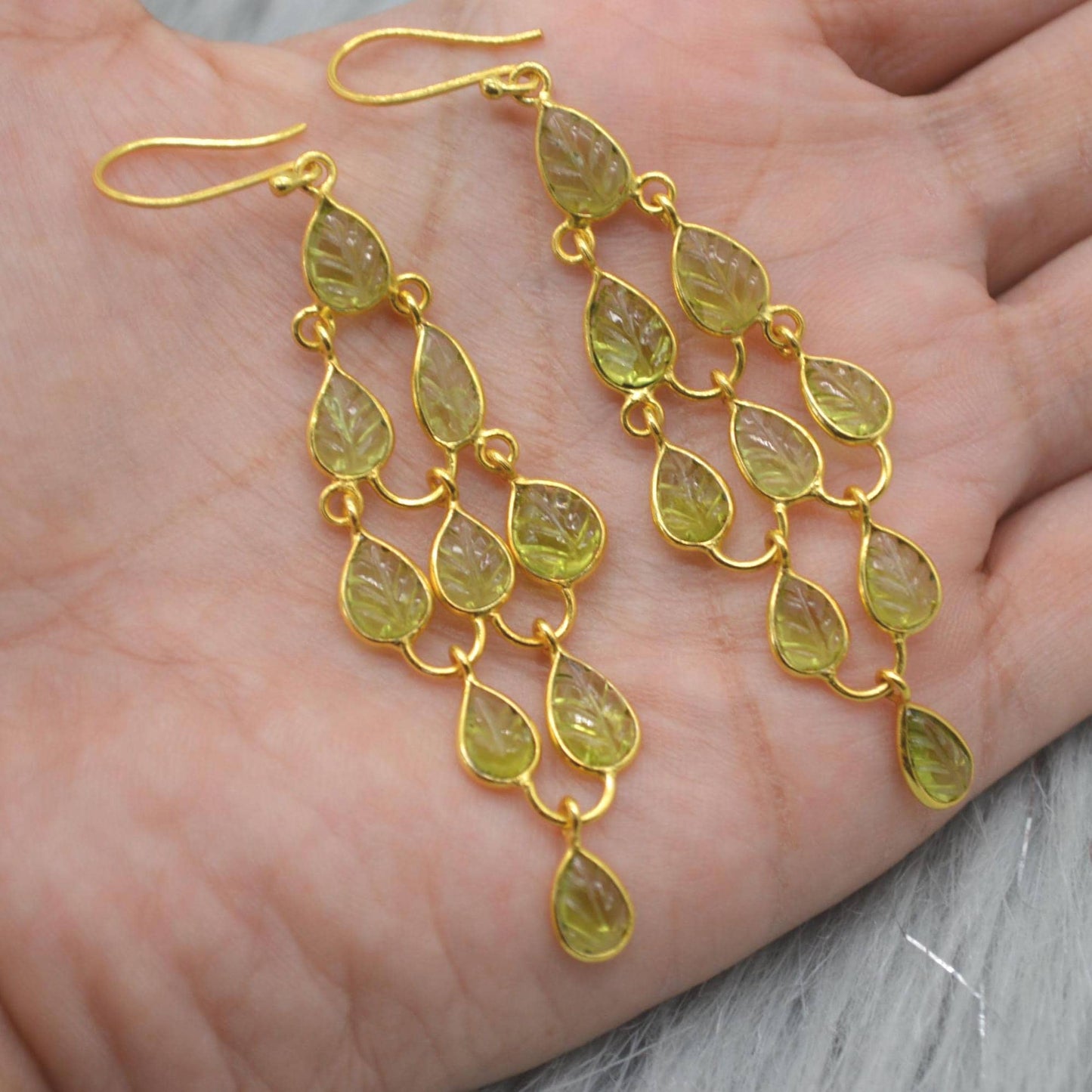 Long Peridot Earrings: Gold Plated Silver, Dangle Drop, August Birthstone, Green Gemstone Jewelry