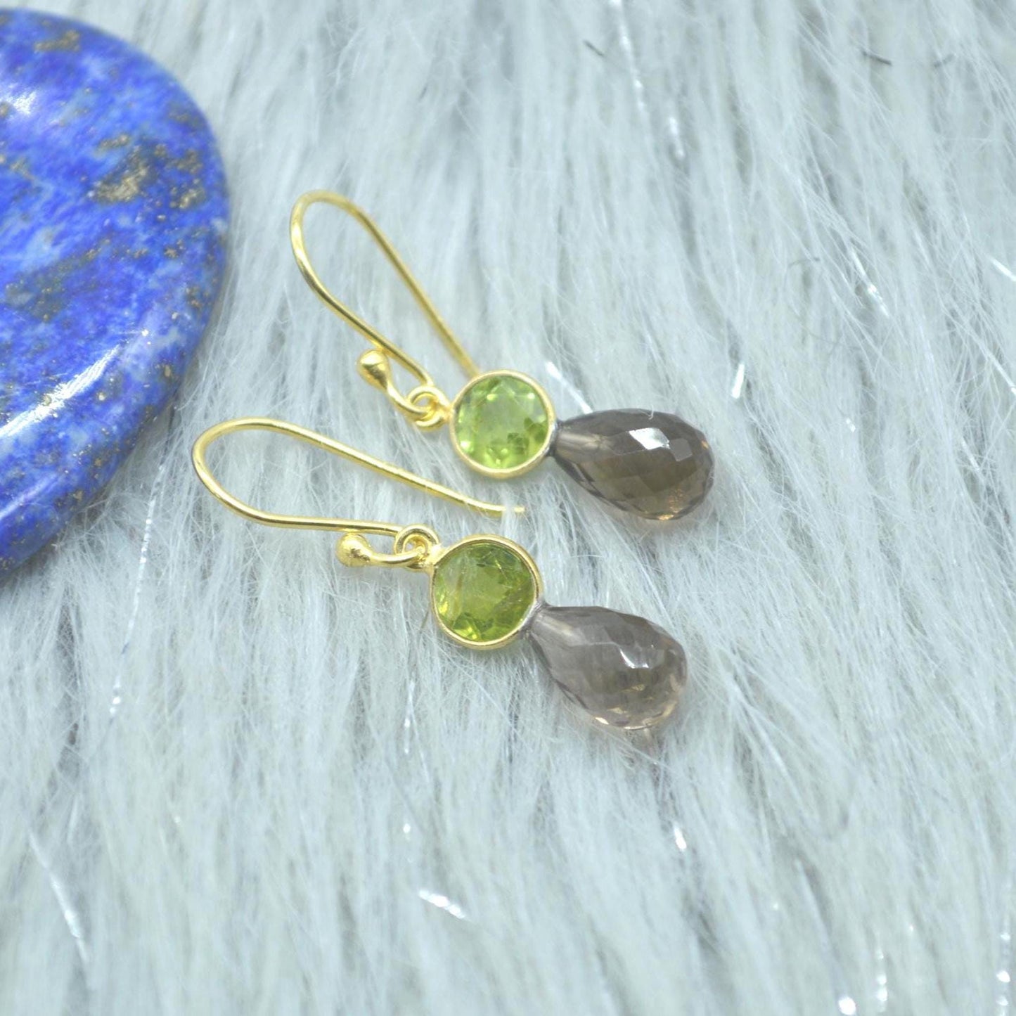 Smoky Quartz Peridot Earrings: Gold or Silver, Minimalist Dangle Drop, August Birthstone