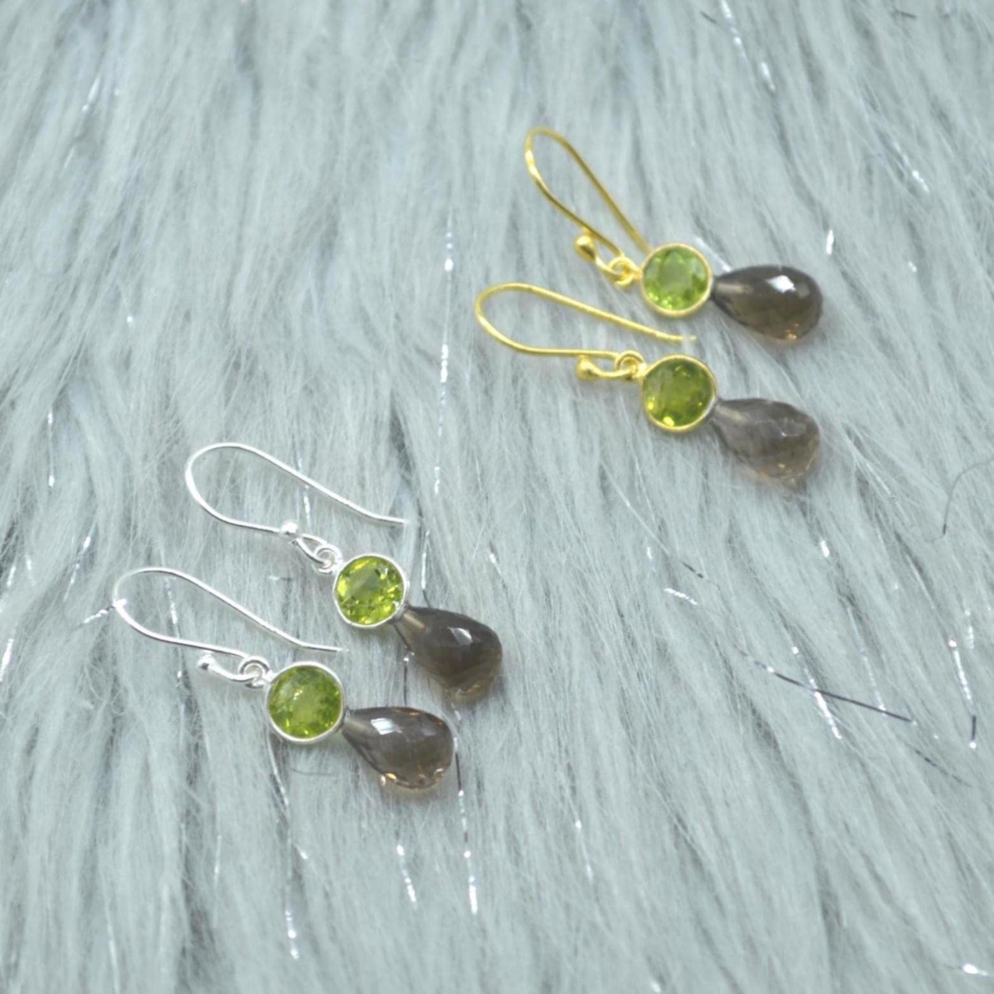 Smoky Quartz Peridot Earrings: Gold or Silver, Minimalist Dangle Drop, August Birthstone