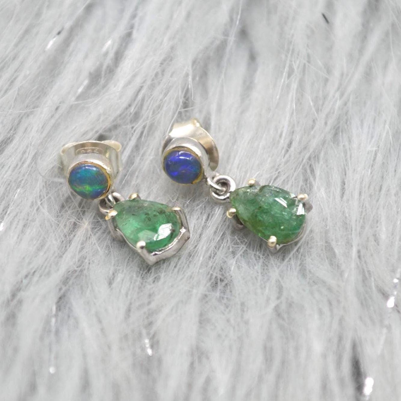 Opal Emerald Earrings: Gold or Silver, May October Birthstone, Green Gemstone Drop