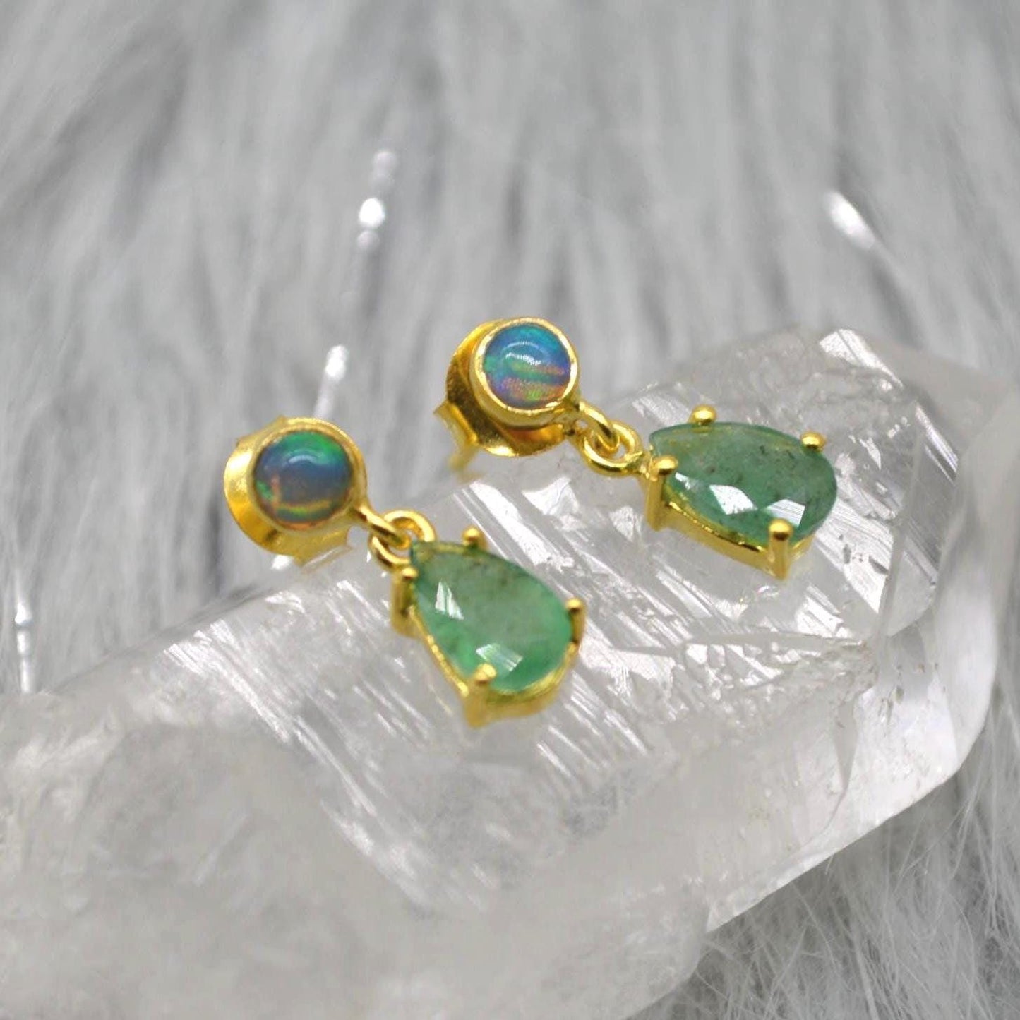 Opal Emerald Earrings: Gold or Silver, May October Birthstone, Green Gemstone Drop