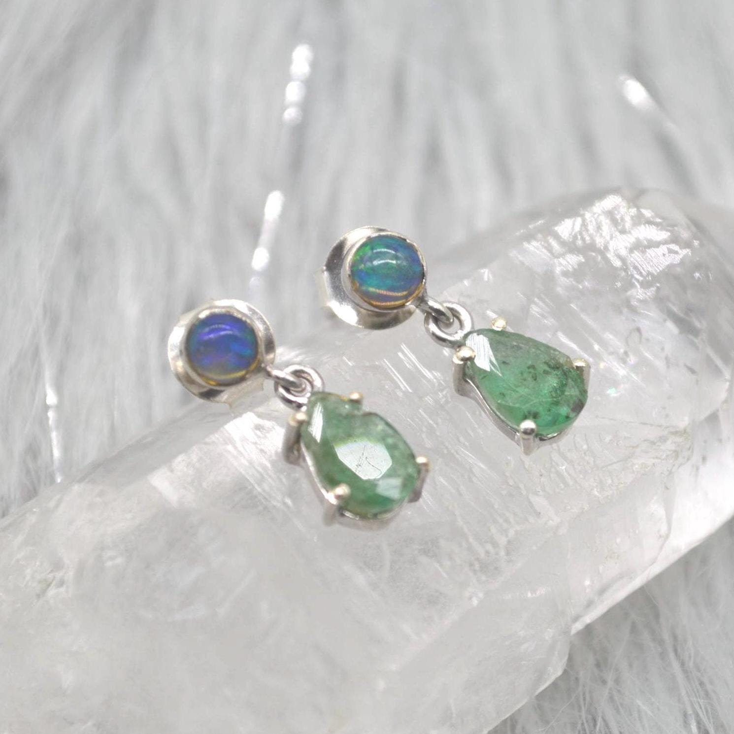 Opal Emerald Earrings: Gold or Silver, May October Birthstone, Green Gemstone Drop