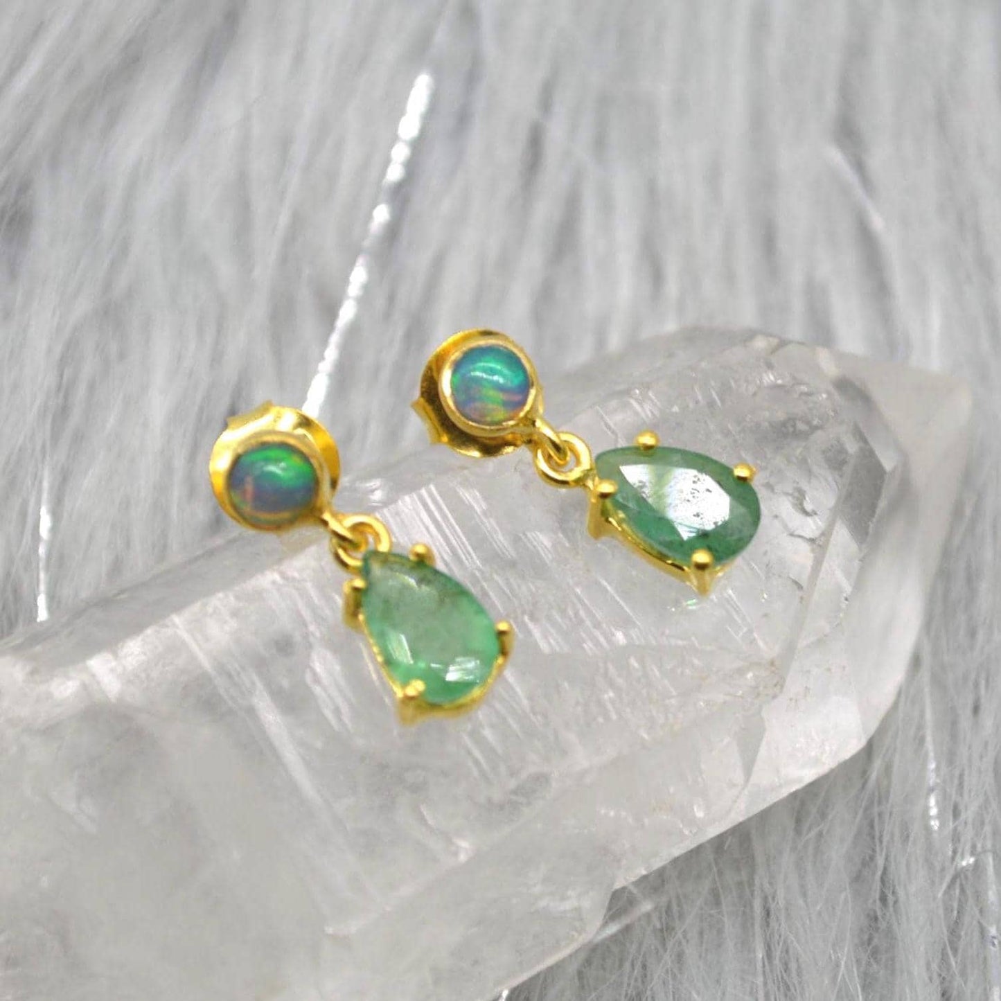 Opal Emerald Earrings: Gold or Silver, May October Birthstone, Green Gemstone Drop