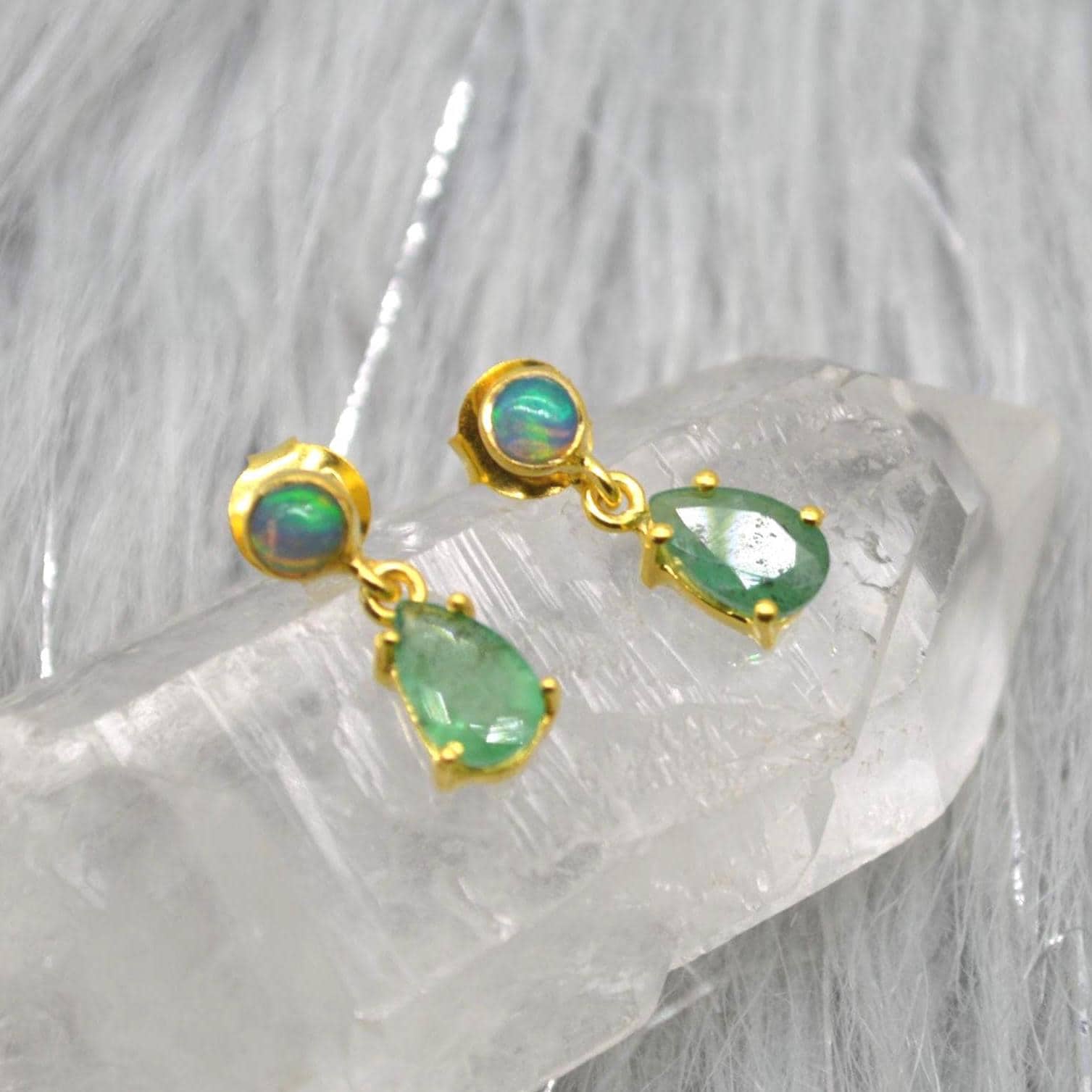 Opal Emerald Earrings: Gold or Silver, May October Birthstone, Green Gemstone Drop