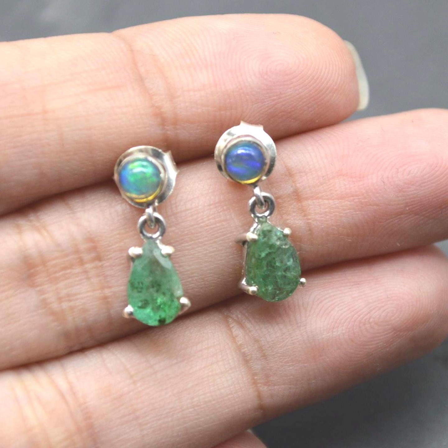 Opal Emerald Earrings: Gold or Silver, May October Birthstone, Green Gemstone Drop
