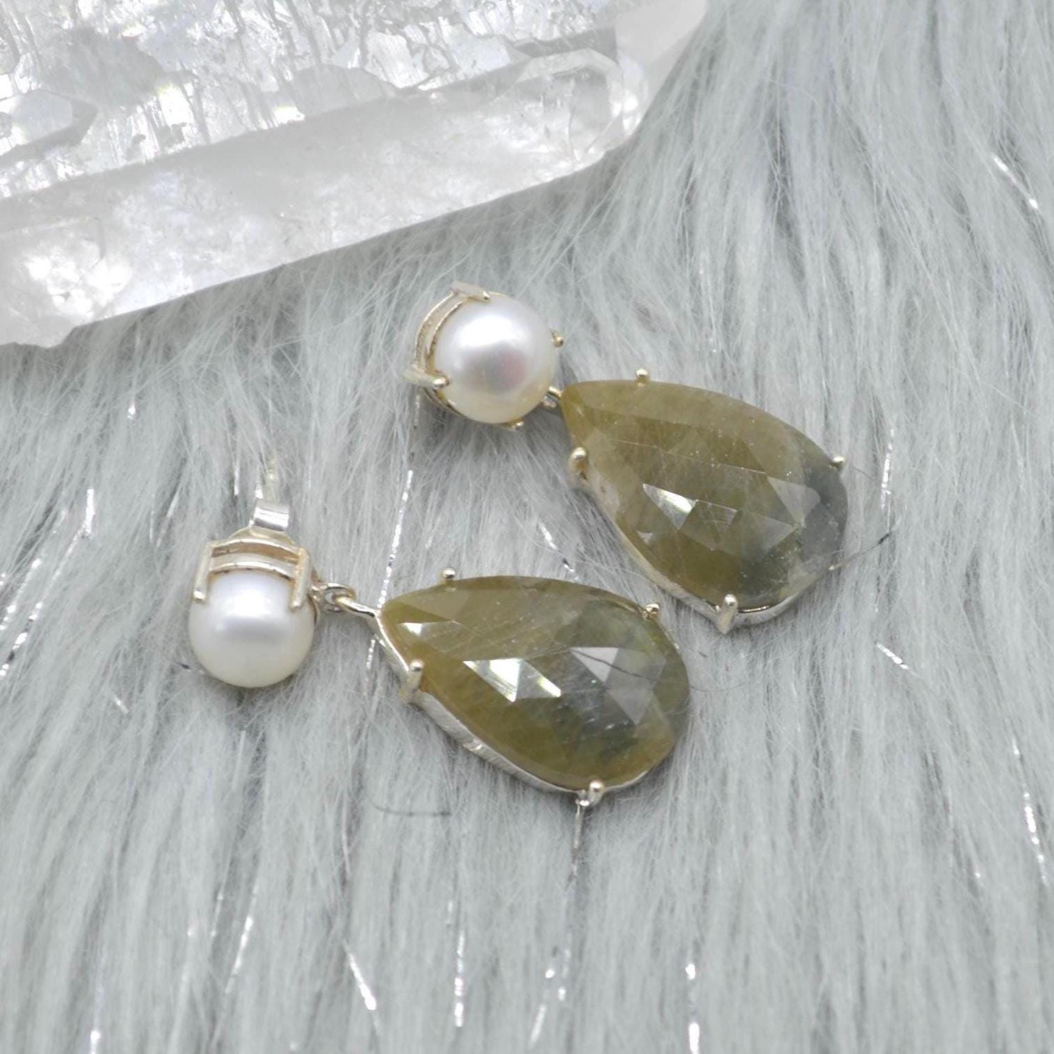 Pearl Sapphire Drop Earrings: Silver, Blue Pink or Green, Teardrop, September June Birthstone Jewelry