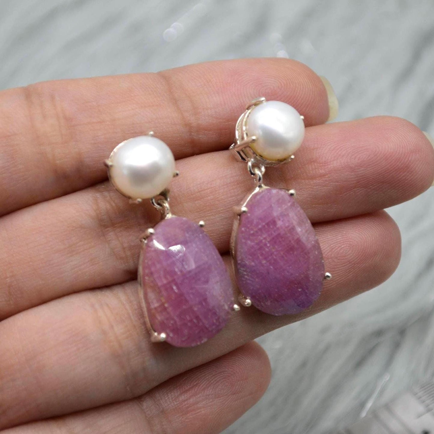 Pearl Sapphire Drop Earrings: Silver, Blue Pink or Green, Teardrop, September June Birthstone Jewelry