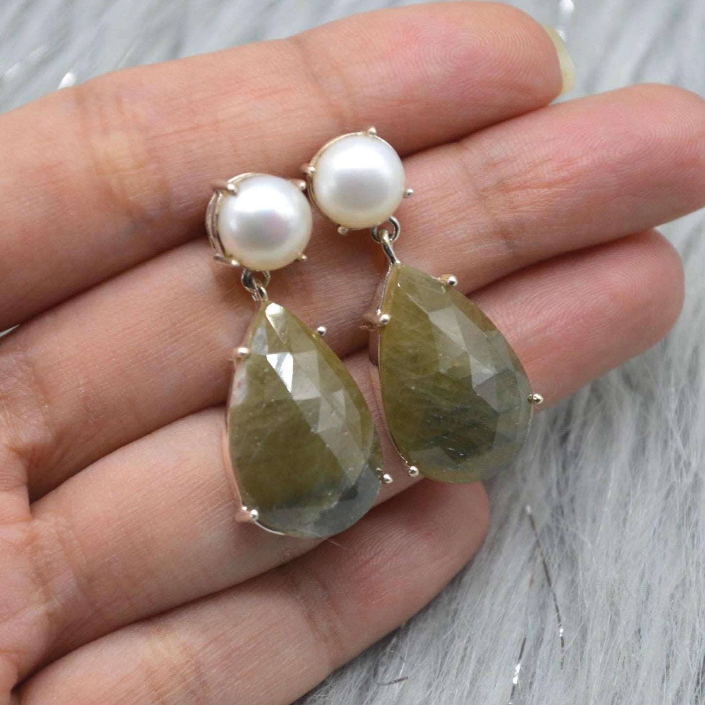 Pearl Sapphire Drop Earrings: Silver, Blue Pink or Green, Teardrop, September June Birthstone Jewelry