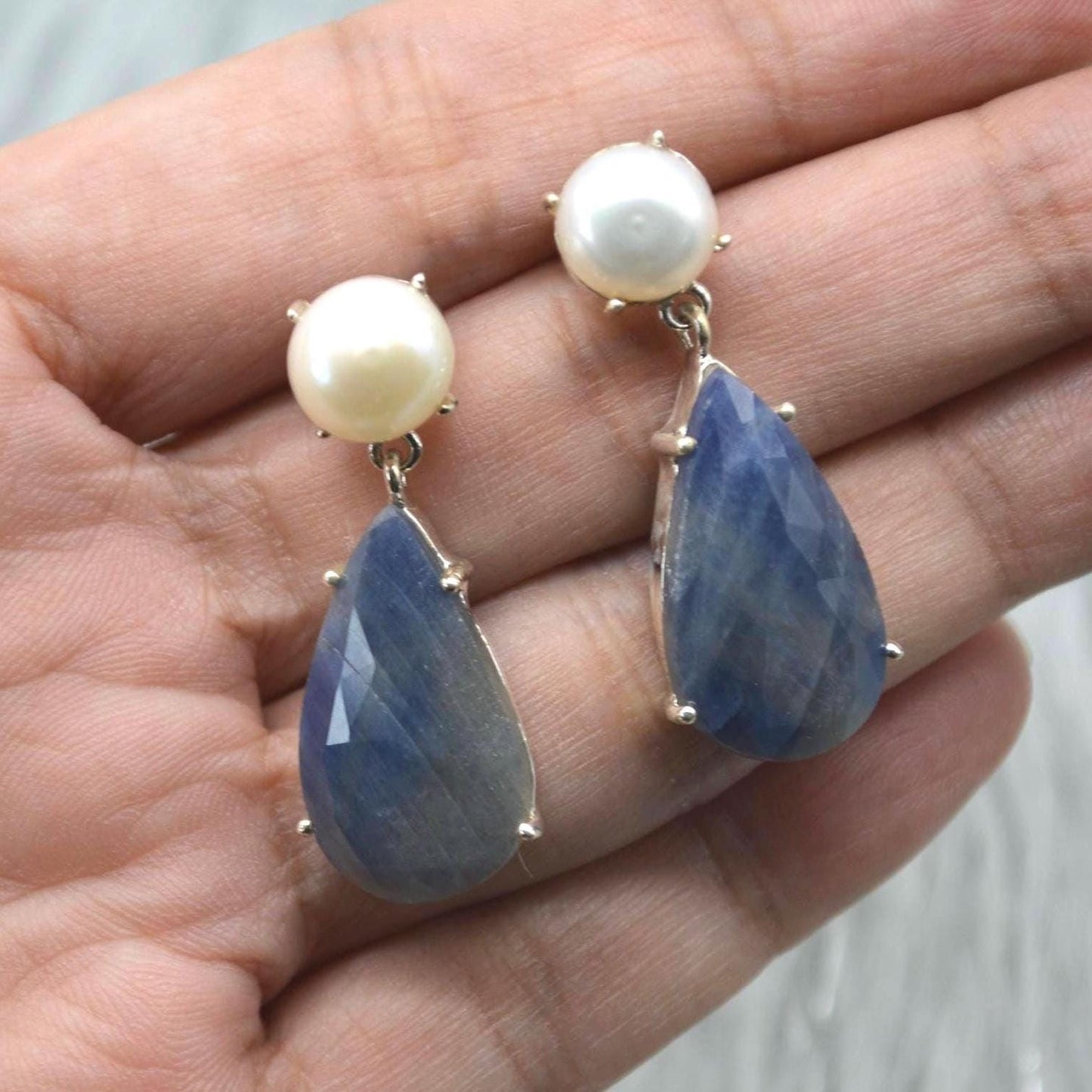 Pearl Sapphire Drop Earrings: Silver, Blue Pink or Green, Teardrop, September June Birthstone Jewelry