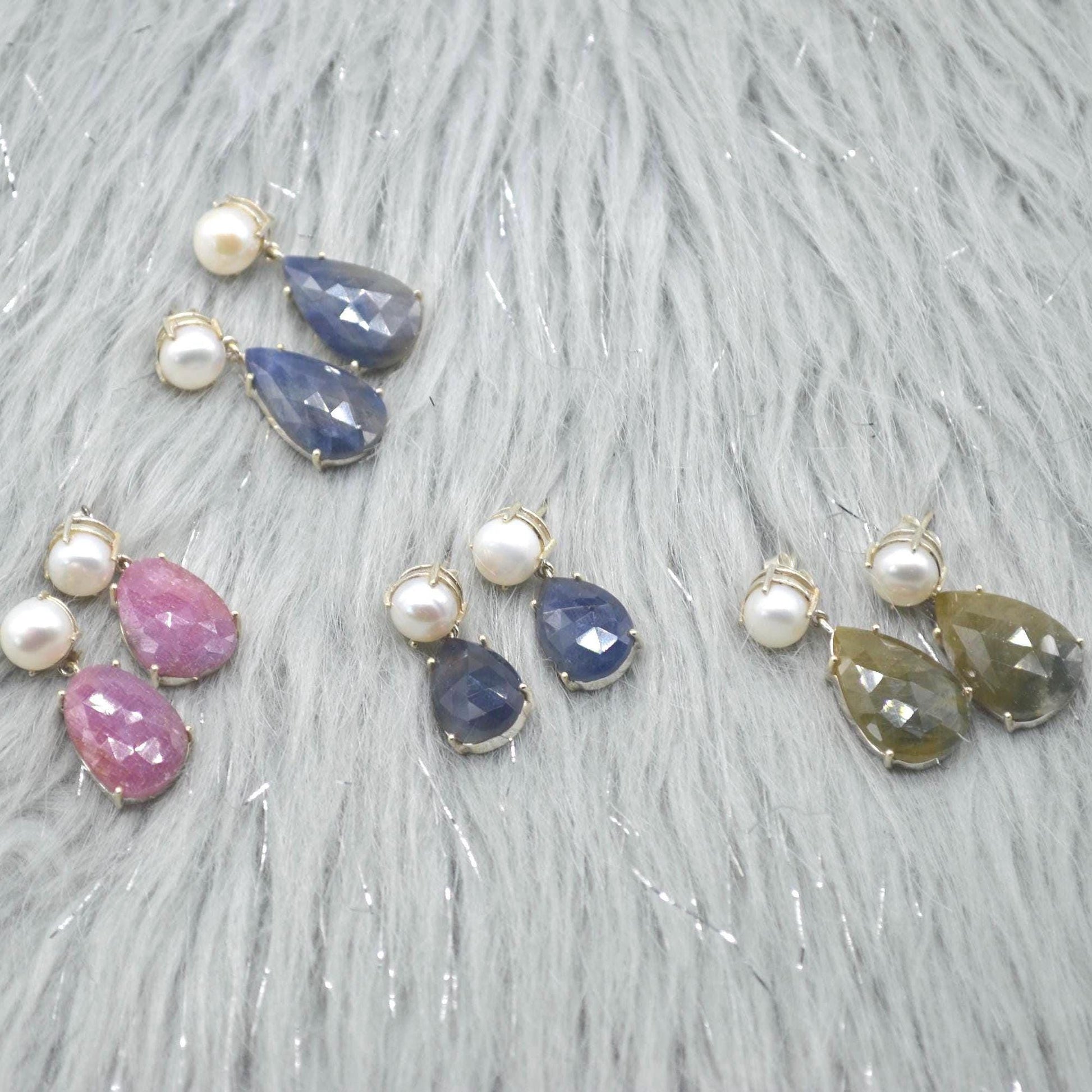 Pearl Sapphire Drop Earrings: Silver, Blue Pink or Green, Teardrop, September June Birthstone Jewelry