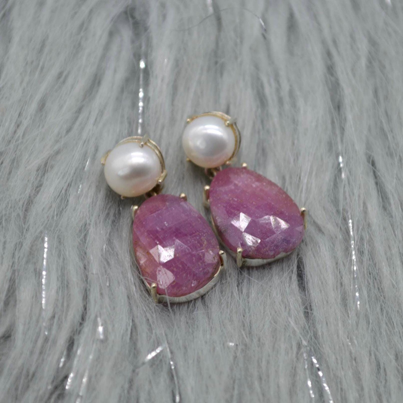 Pearl Sapphire Drop Earrings: Silver, Blue Pink or Green, Teardrop, September June Birthstone Jewelry