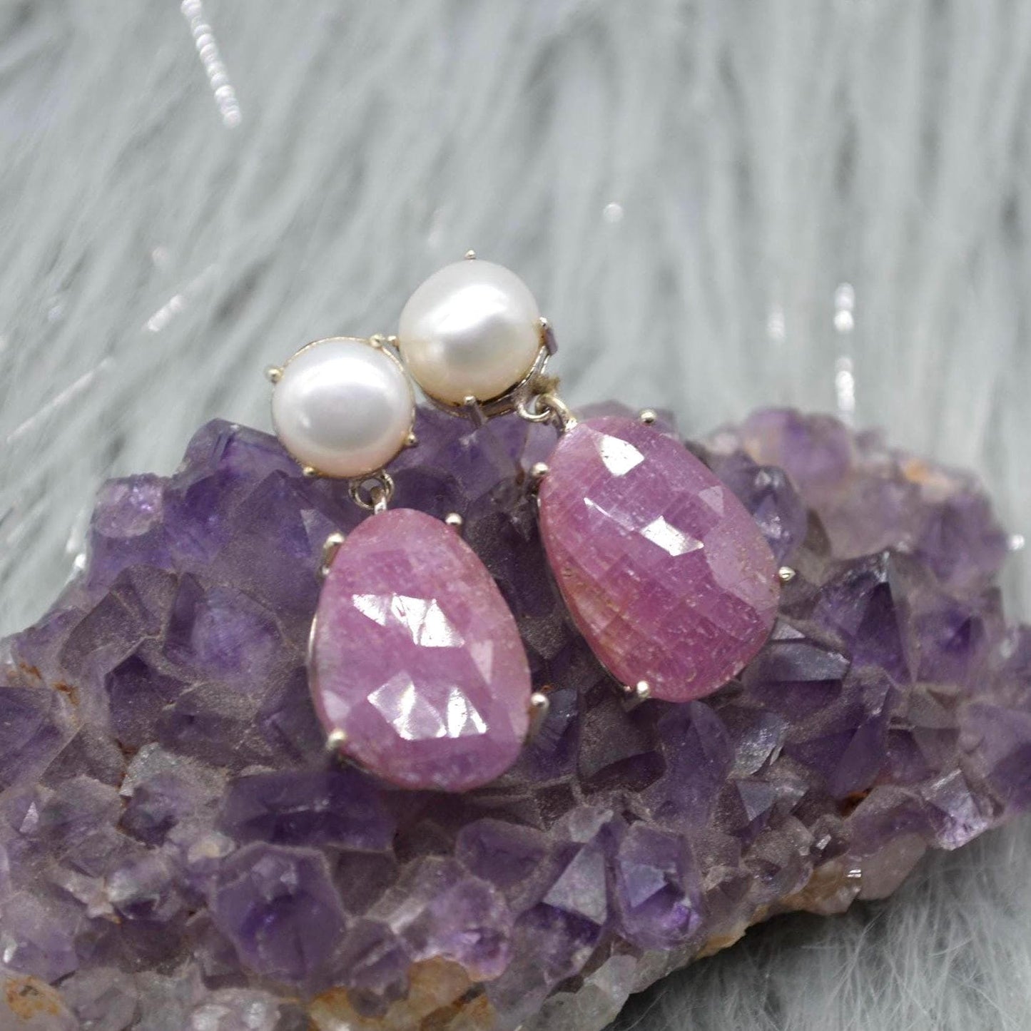 Pearl Sapphire Drop Earrings: Silver, Blue Pink or Green, Teardrop, September June Birthstone Jewelry