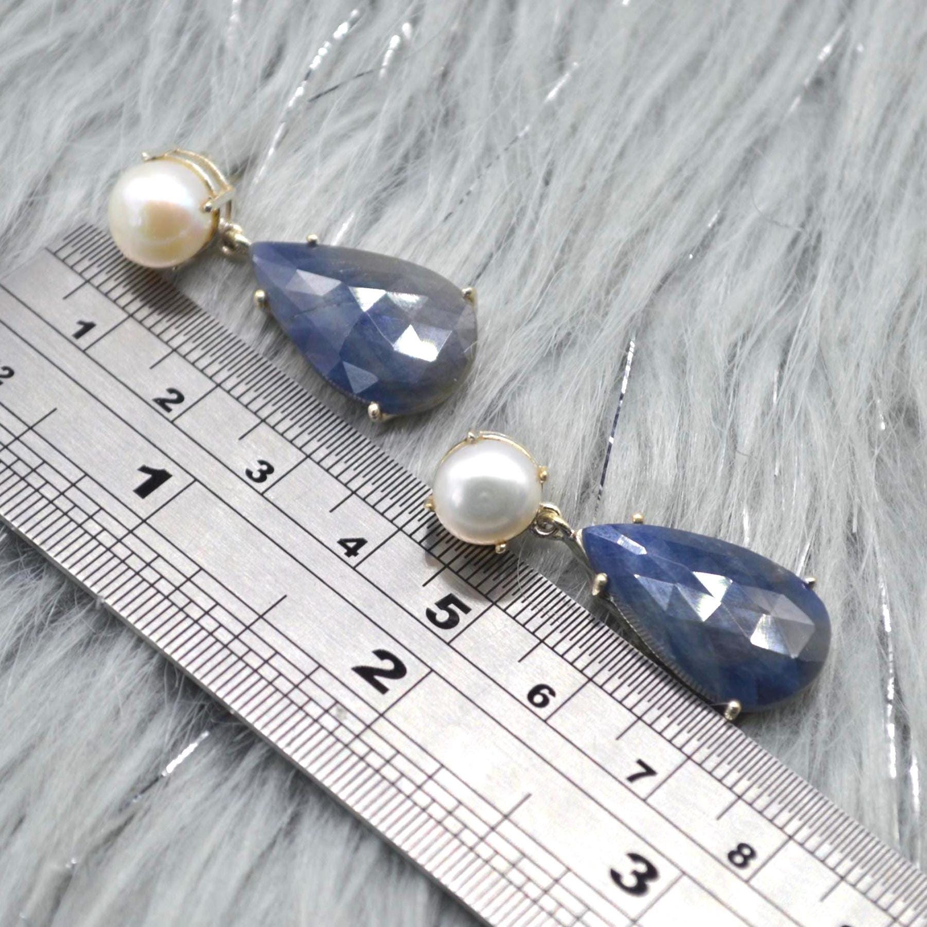 Pearl Sapphire Drop Earrings: Silver, Blue Pink or Green, Teardrop, September June Birthstone Jewelry