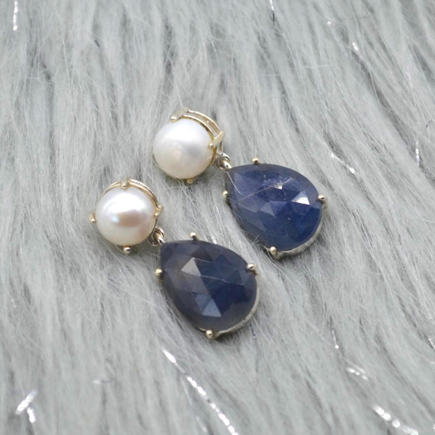 Pearl Sapphire Drop Earrings: Silver, Blue Pink or Green, Teardrop, September June Birthstone Jewelry