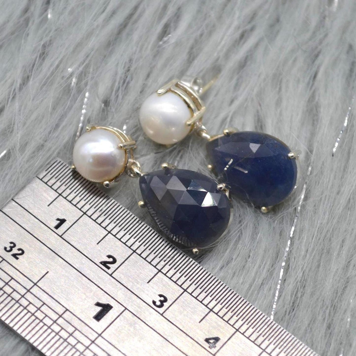 Pearl Sapphire Drop Earrings: Silver, Blue Pink or Green, Teardrop, September June Birthstone Jewelry