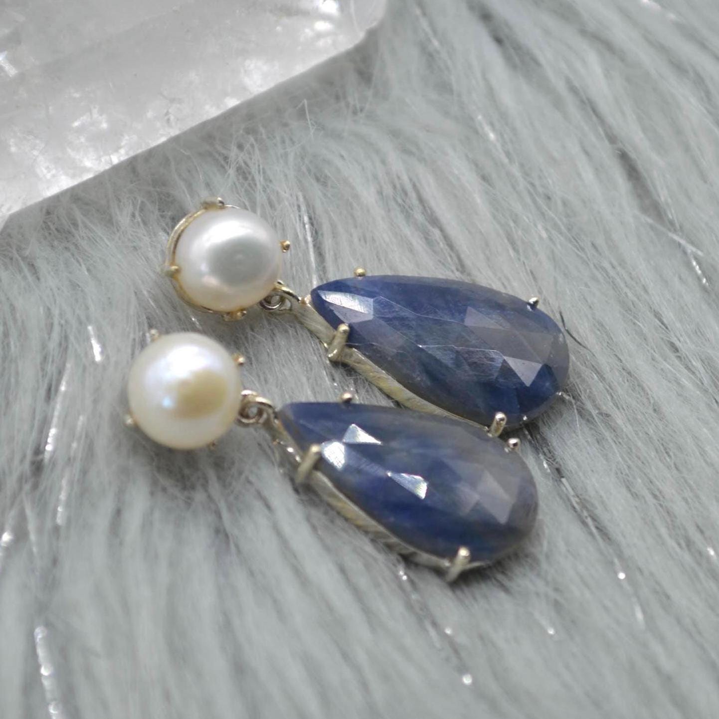 Pearl Sapphire Drop Earrings: Silver, Blue Pink or Green, Teardrop, September June Birthstone Jewelry