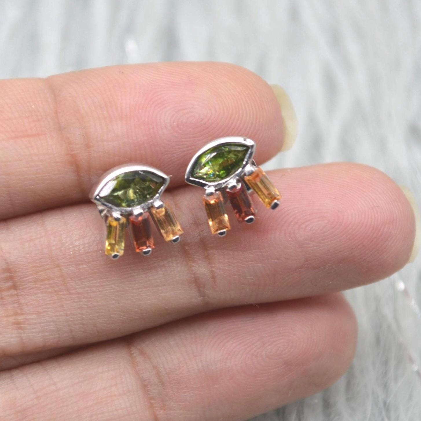 Green Tourmaline Stud Earrings: Silver, Red, Orange Tournaline Drop, October Birthstone