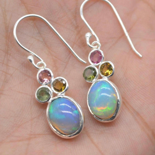 Fire Opal, Tourmaline Earrings: Silver, Dangle Drop, October Birthstone, Blue Gemstone