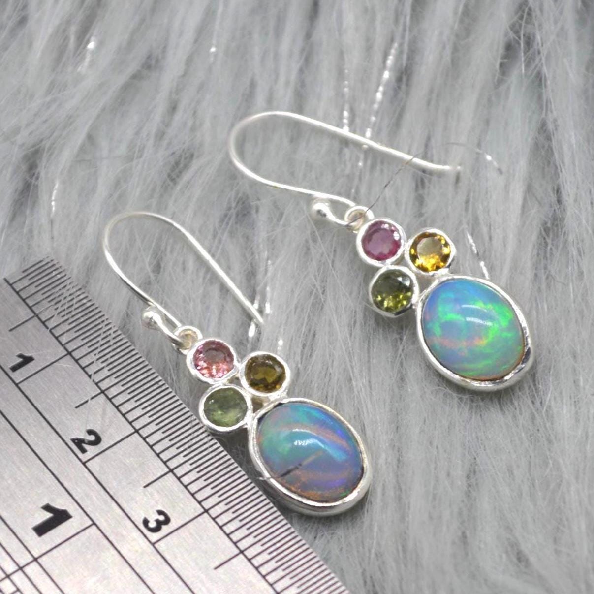 Fire Opal, Tourmaline Earrings: Silver, Dangle Drop, October Birthstone, Blue Gemstone