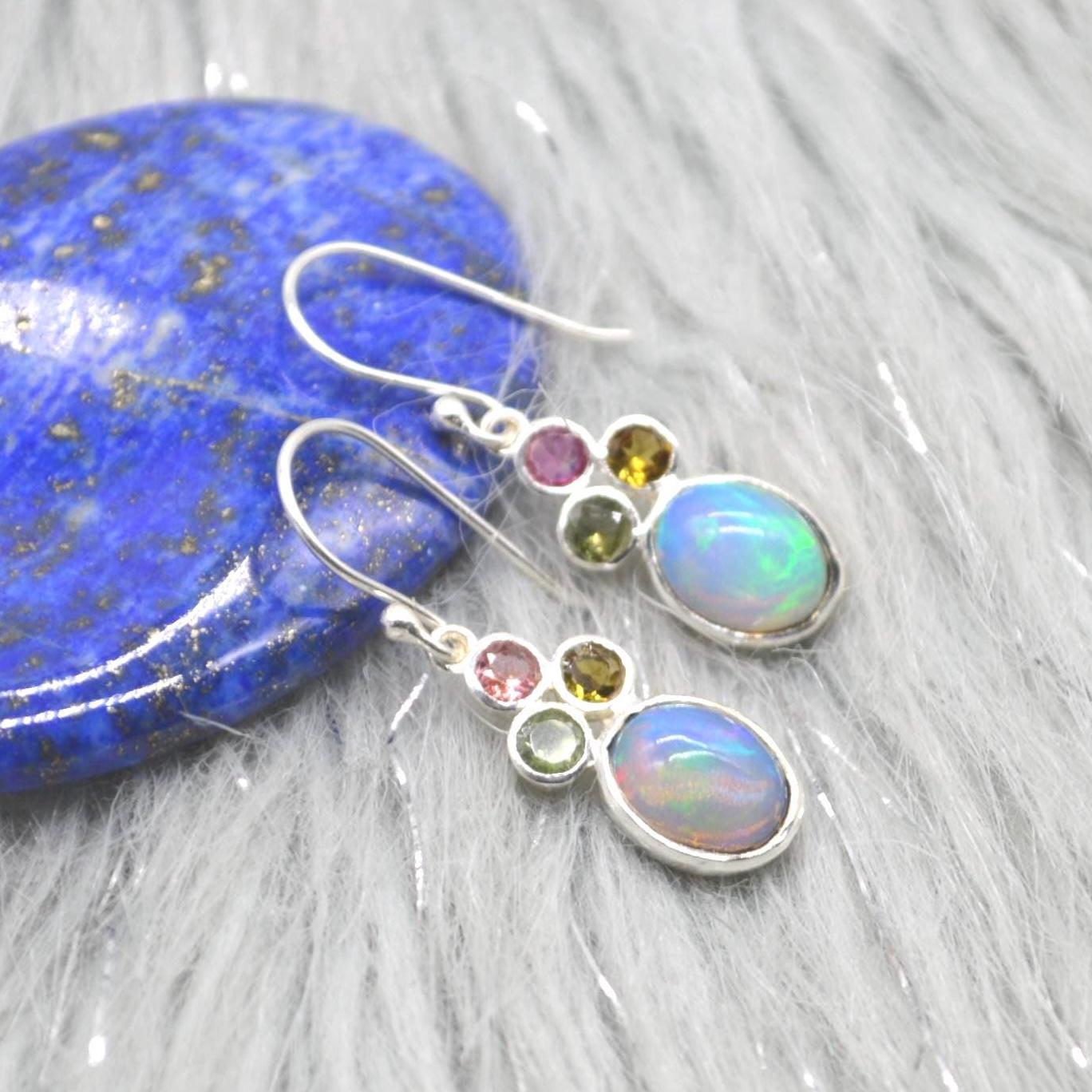 Fire Opal, Tourmaline Earrings: Silver, Dangle Drop, October Birthstone, Blue Gemstone