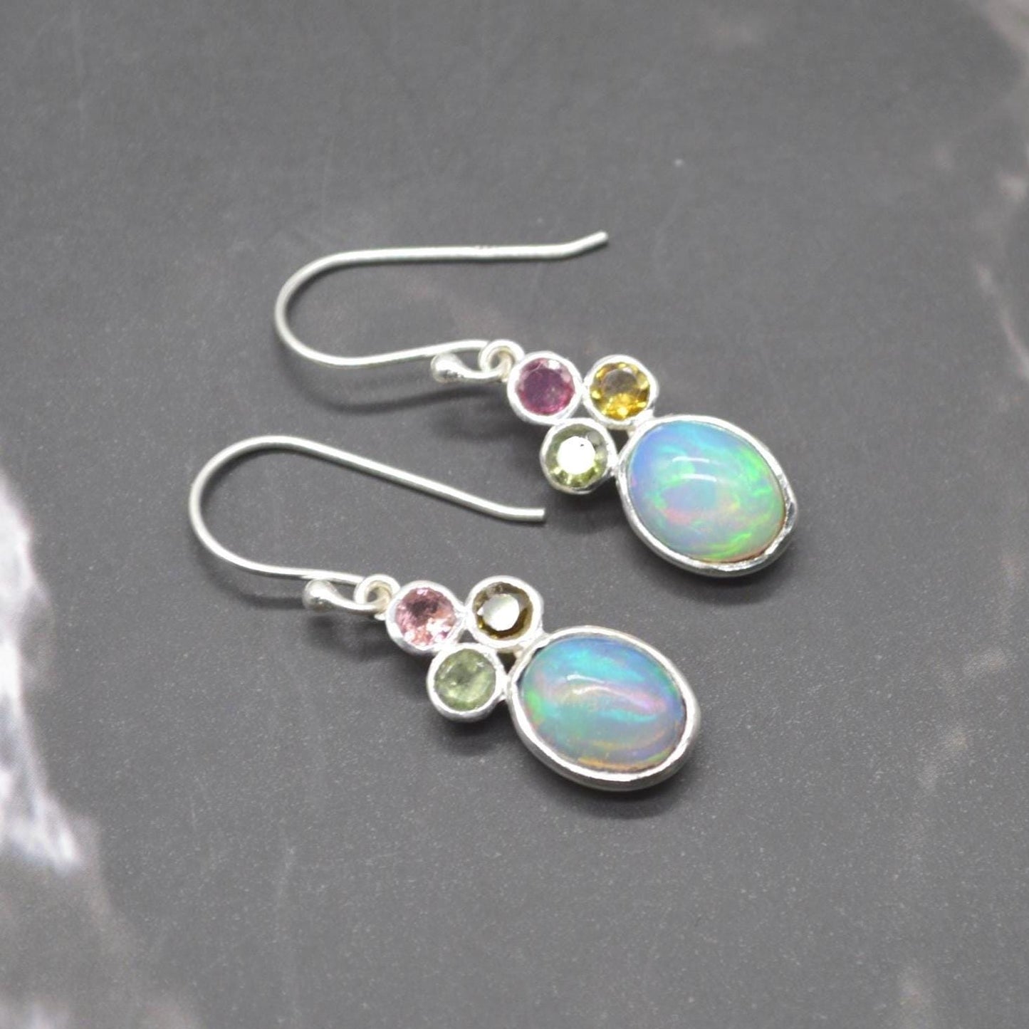 Fire Opal, Tourmaline Earrings: Silver, Dangle Drop, October Birthstone, Blue Gemstone