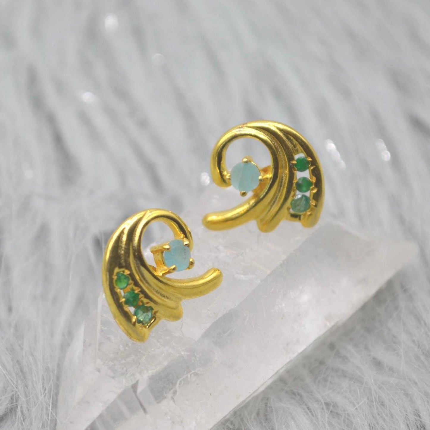 Green Onyx Aqua Chalcedony Stud Earrings: Gold Plated Silver