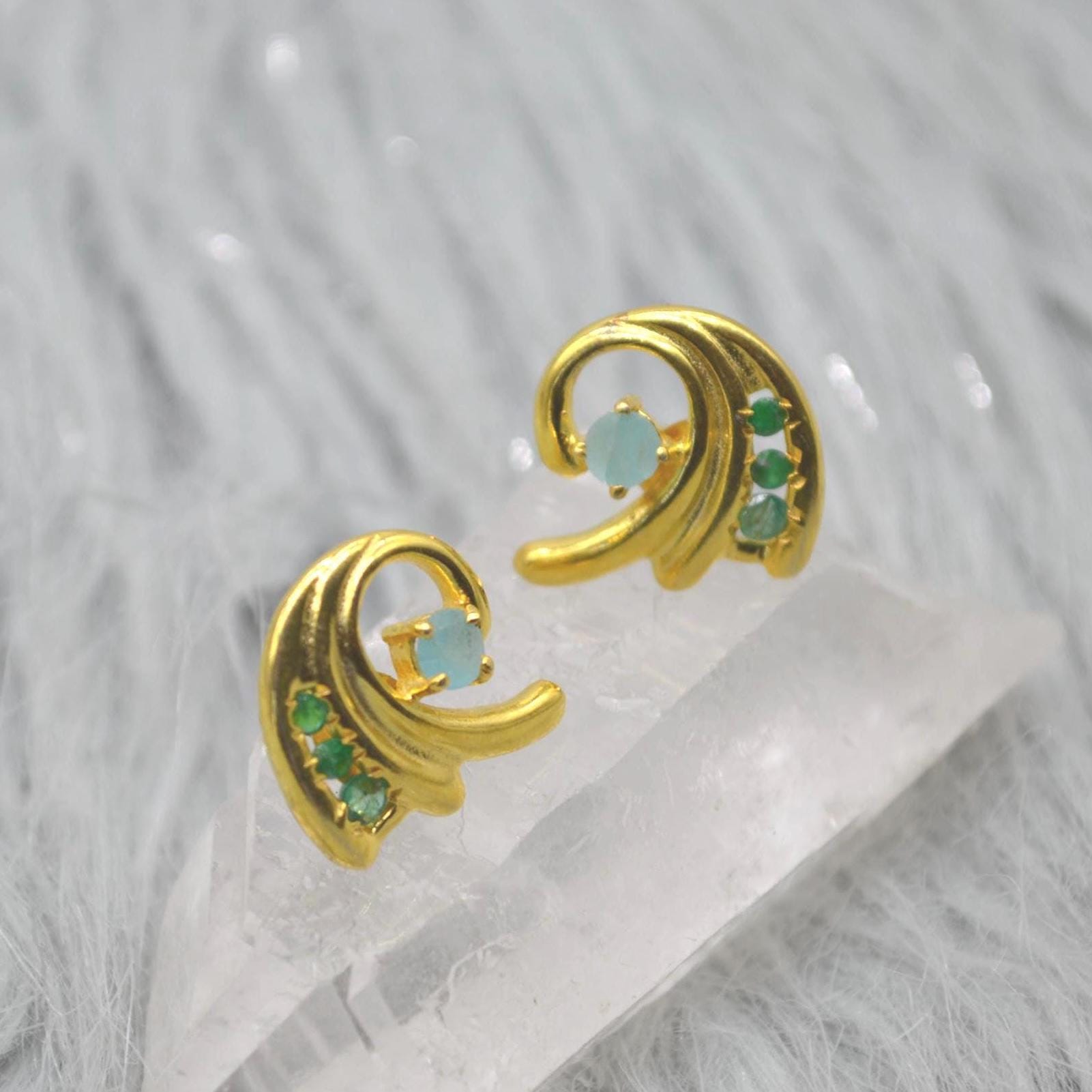 Green Onyx Aqua Chalcedony Stud Earrings: Gold Plated Silver