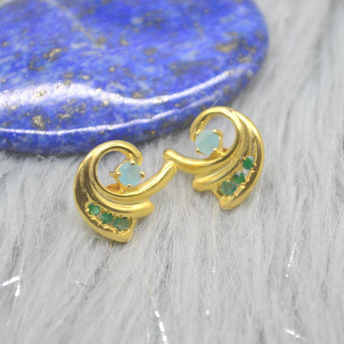 Green Onyx Aqua Chalcedony Stud Earrings: Gold Plated Silver