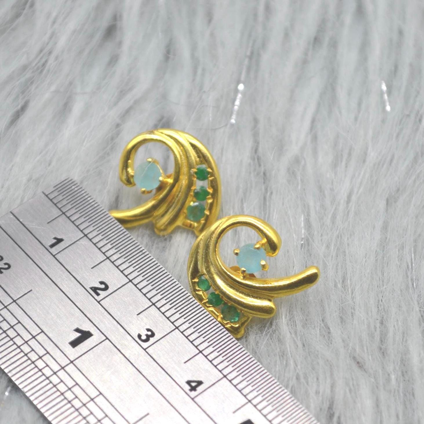 Green Onyx Aqua Chalcedony Stud Earrings: Gold Plated Silver
