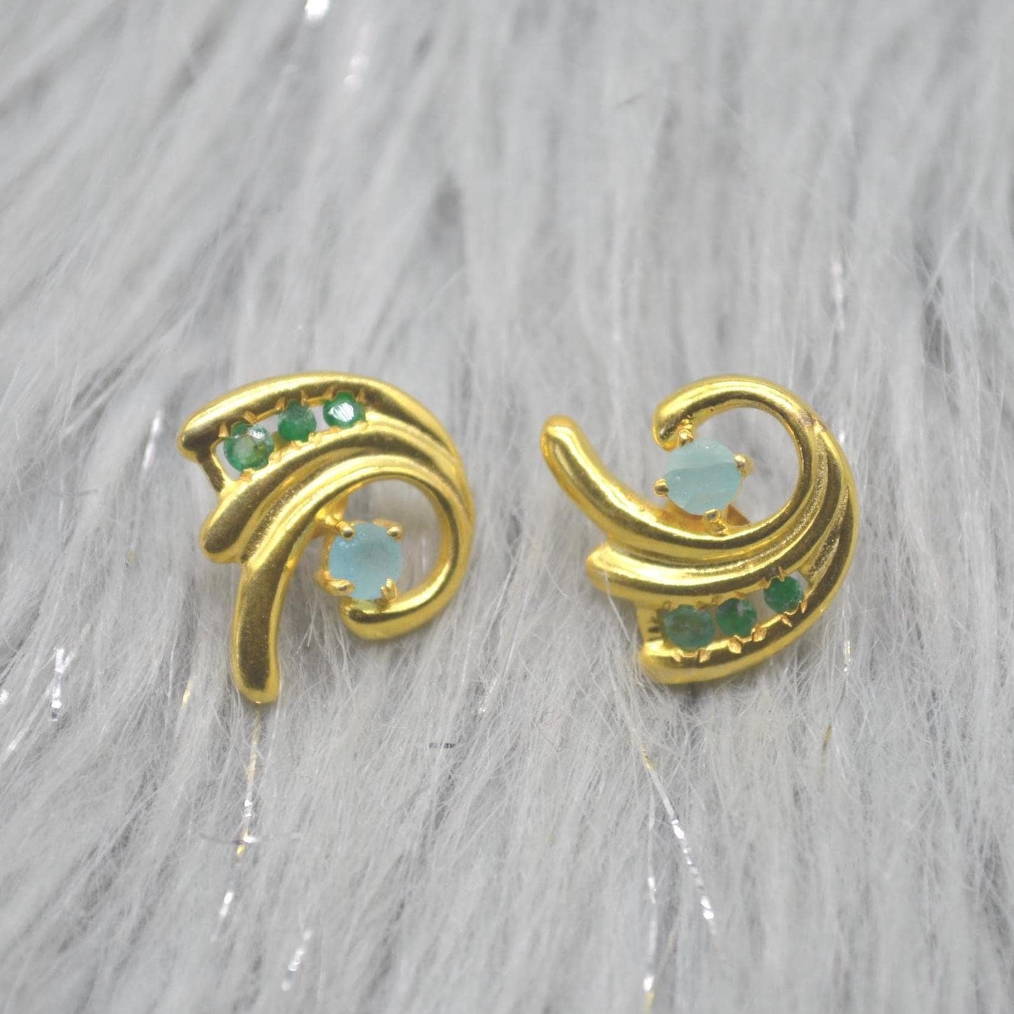 Green Onyx Aqua Chalcedony Stud Earrings: Gold Plated Silver