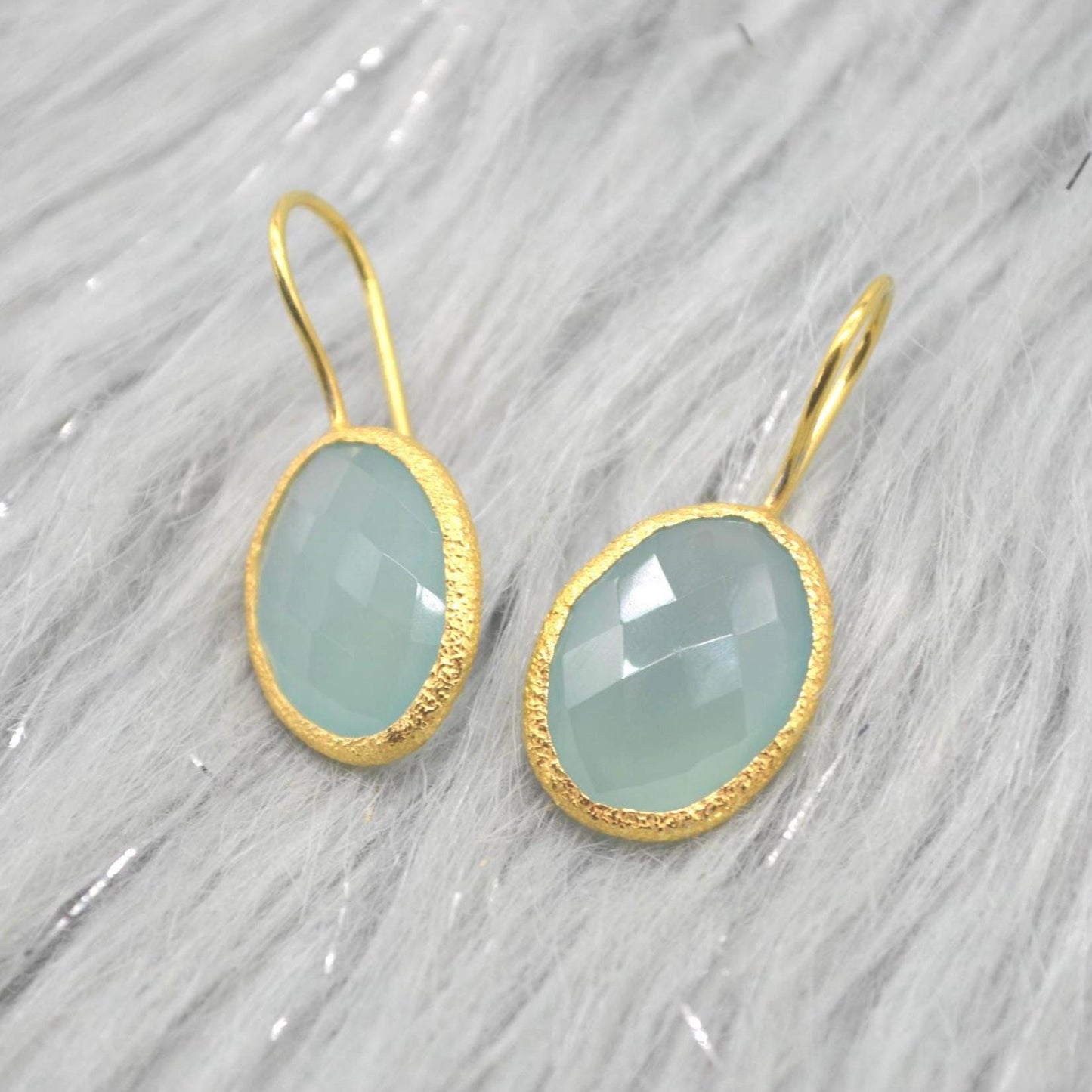 Aqua Chalcedony Gold Earrings: Dangle Drop, Sterling Silver, Oval Blue Gemstone Jewelry