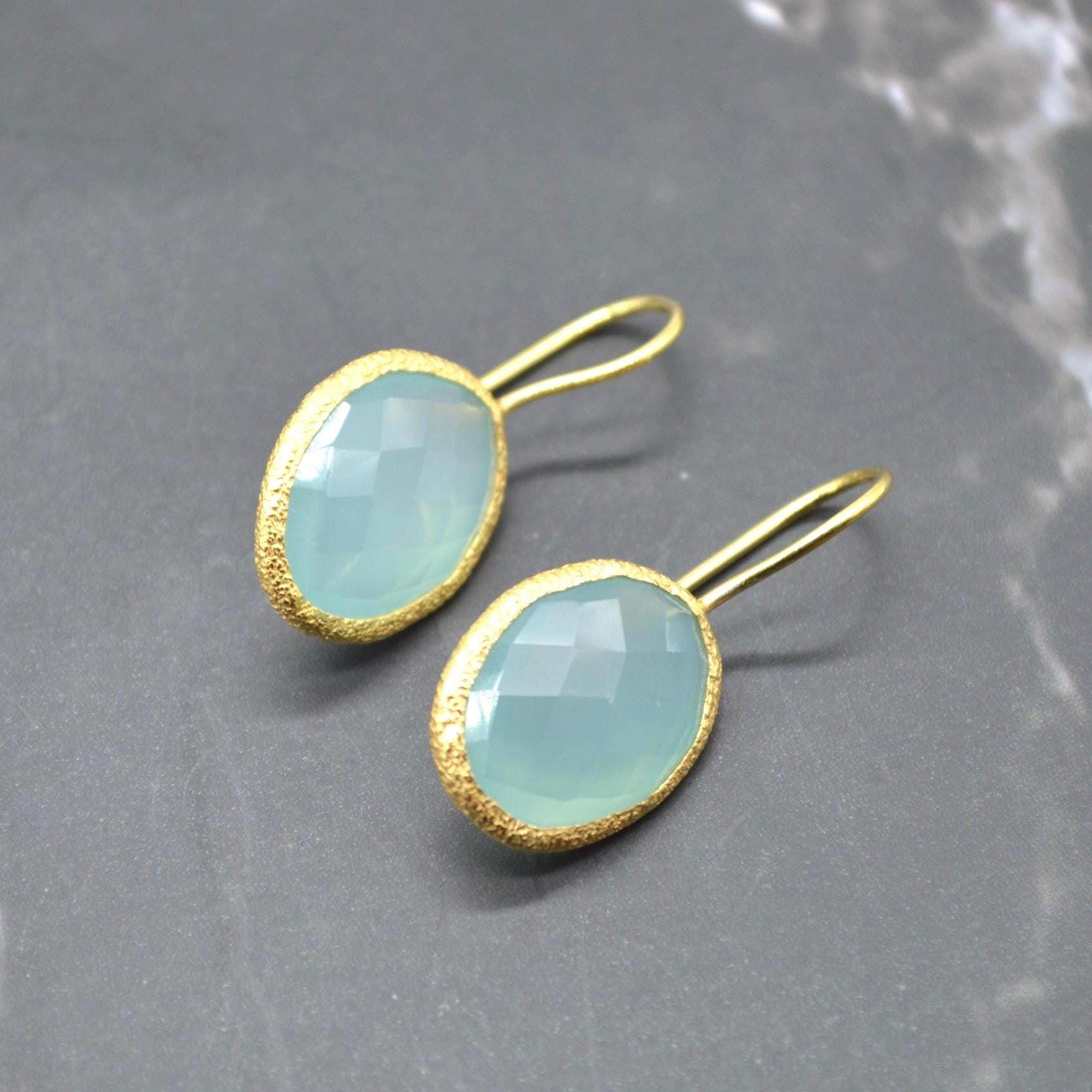 Aqua Chalcedony Gold Earrings: Dangle Drop, Sterling Silver, Oval Blue Gemstone Jewelry