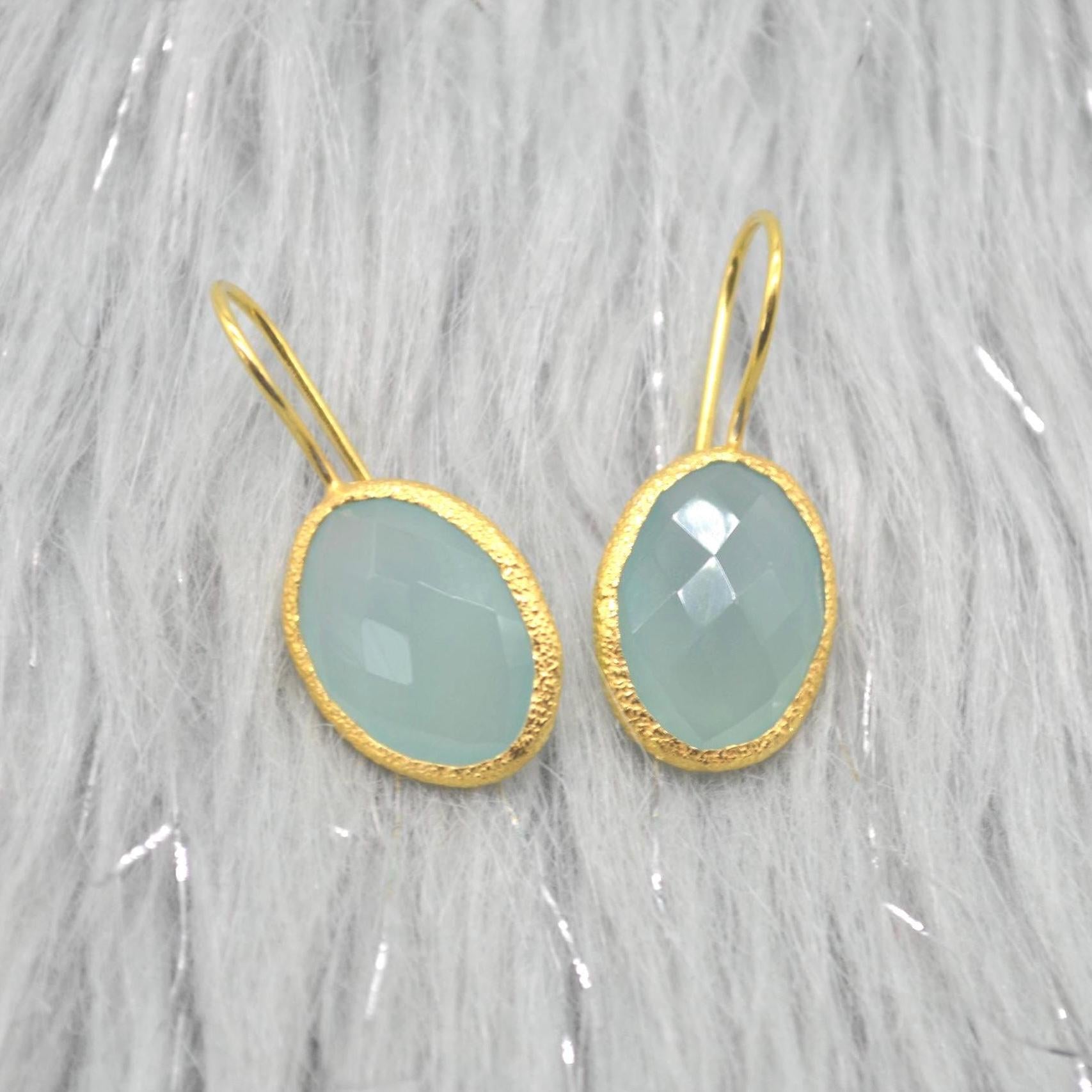 Aqua Chalcedony Gold Earrings: Dangle Drop, Sterling Silver, Oval Blue Gemstone Jewelry