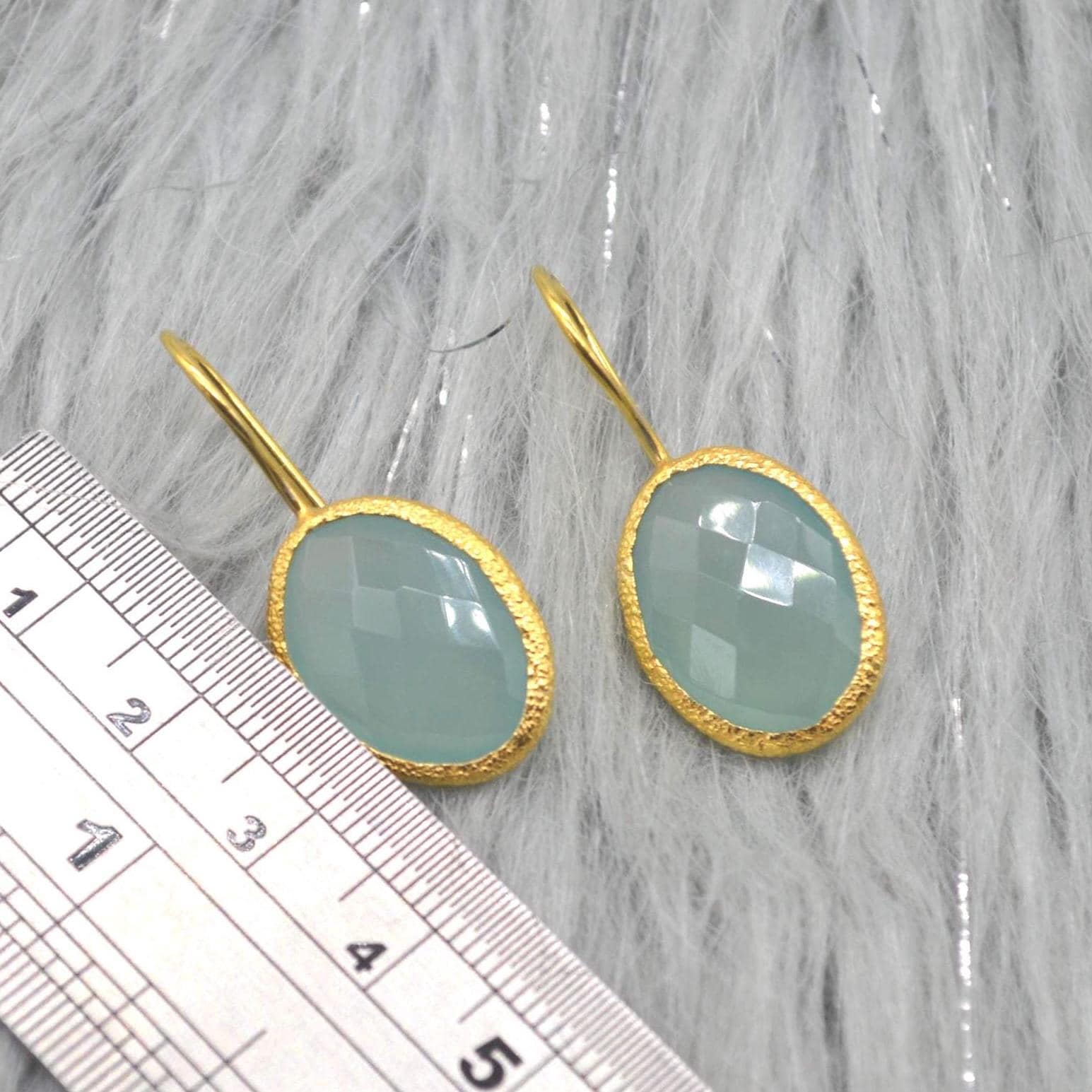 Aqua Chalcedony Gold Earrings: Dangle Drop, Sterling Silver, Oval Blue Gemstone Jewelry