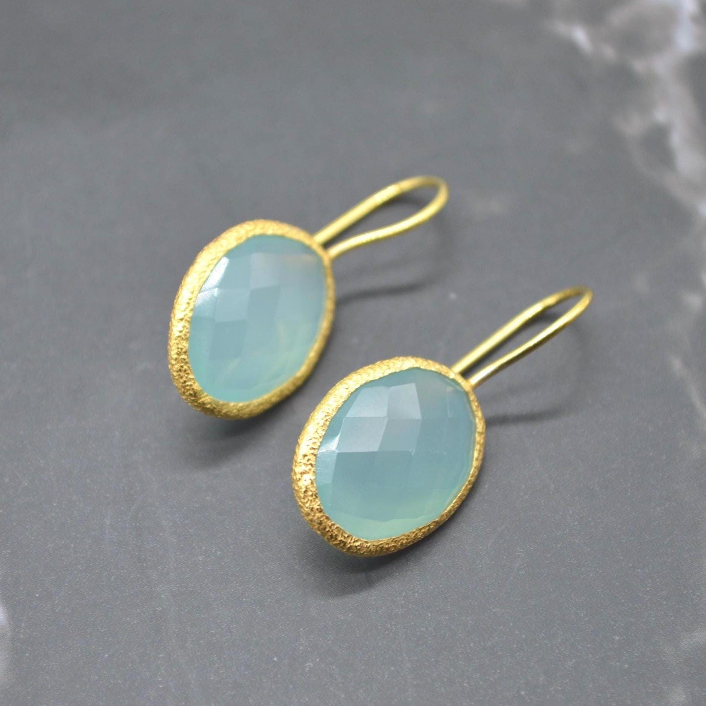 Aqua Chalcedony Gold Earrings: Dangle Drop, Sterling Silver, Oval Blue Gemstone Jewelry