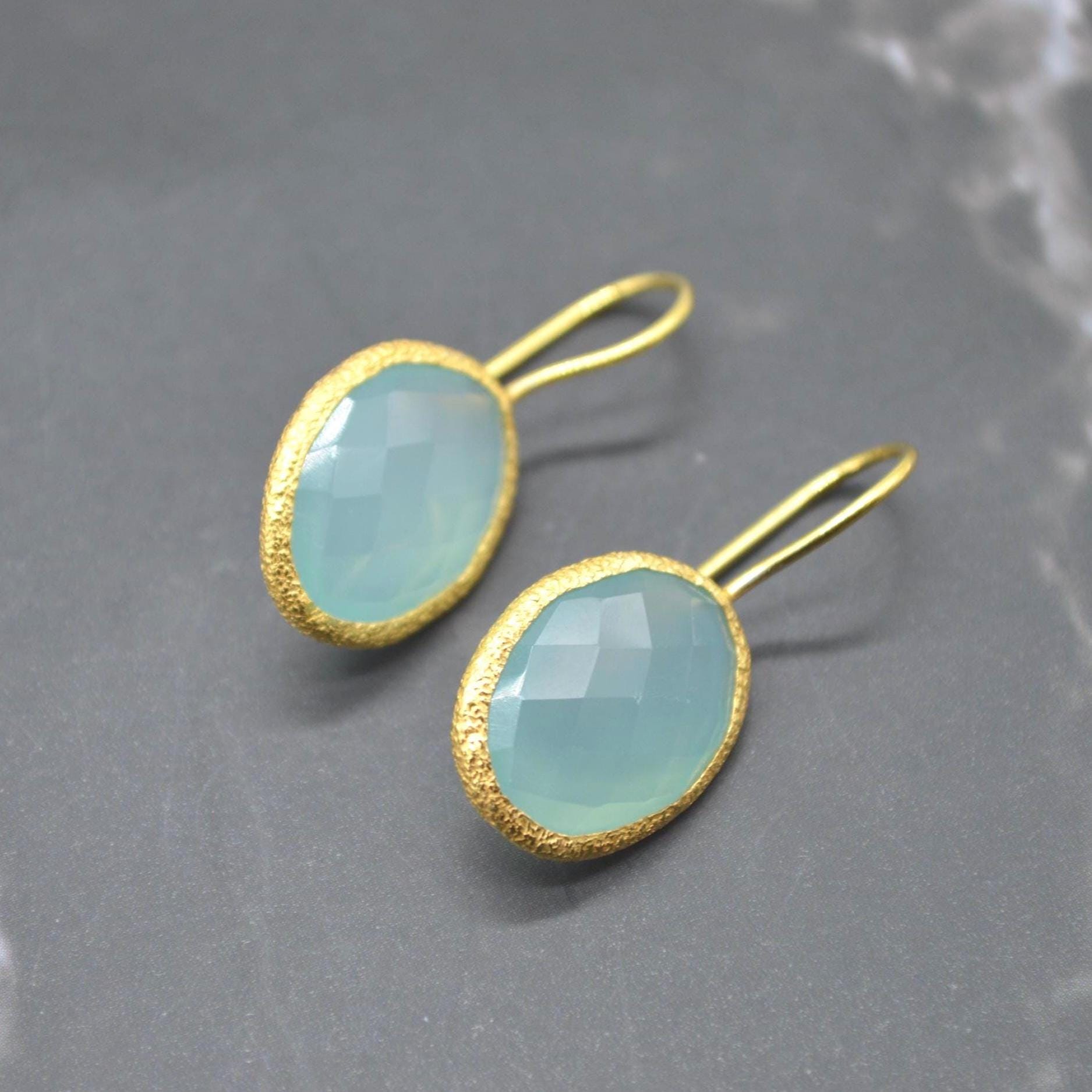Aqua Chalcedony Gold Earrings: Dangle Drop, Sterling Silver, Oval Blue Gemstone Jewelry
